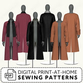 a collection of six mannequins wearing different colored coats, including red, black, and brown.