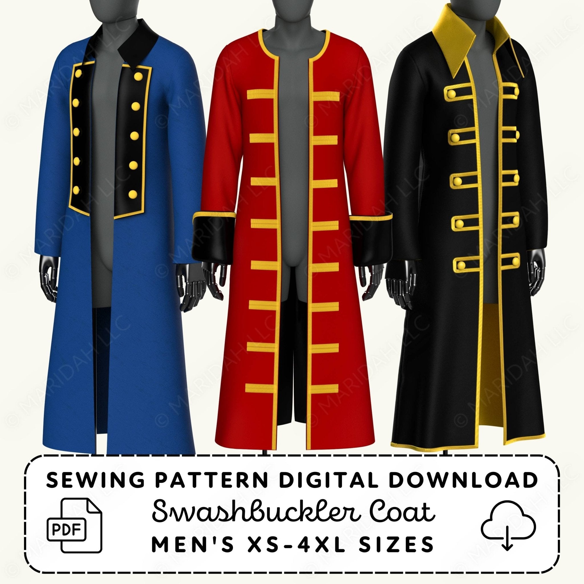 Three swashbuckler coats in blue, red, and black on mannequins with sewing pattern digital download text.