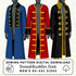 Three swashbuckler coats in blue, red, and black on mannequins with sewing pattern digital download text.