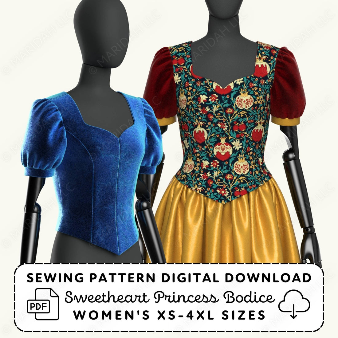Mannequins wearing a blue sweetheart princess bodice and a colorful floral patterned bodice with red sleeves on a white background.