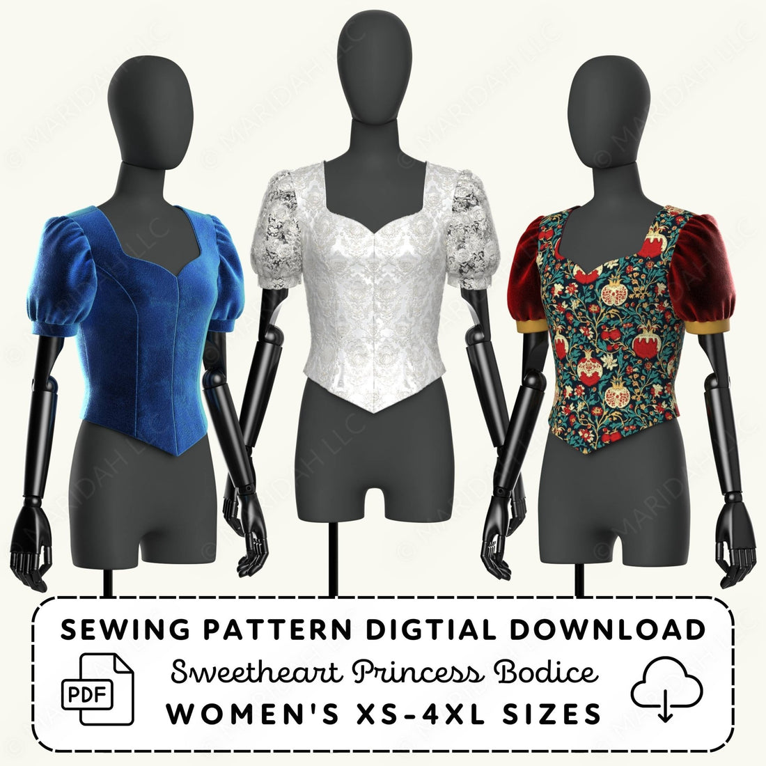 Three mannequins wearing different styles of princess bodices with a sewing pattern digital download text.