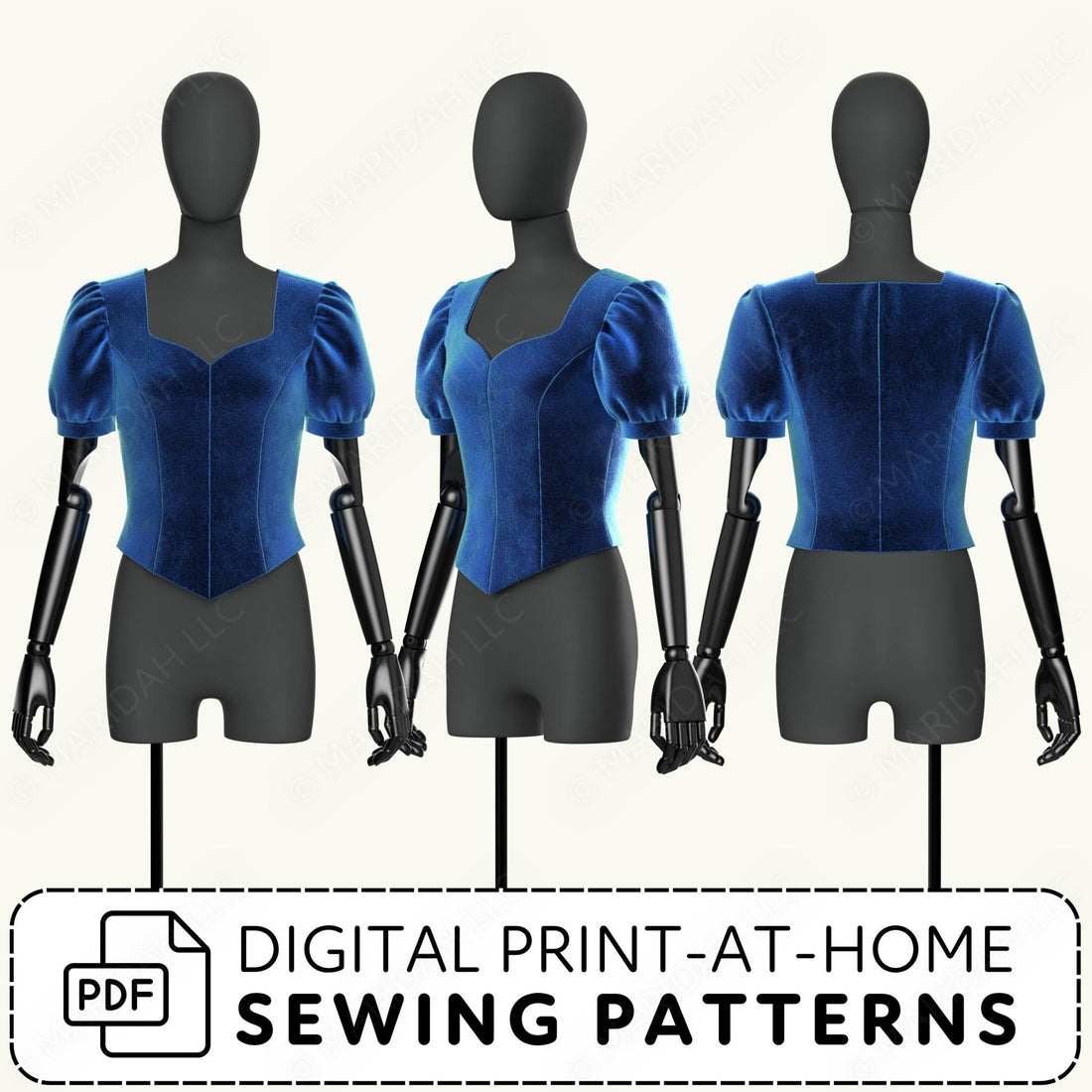 Blue velvet top on a mannequin with digital print-at-home sewing pattern text.