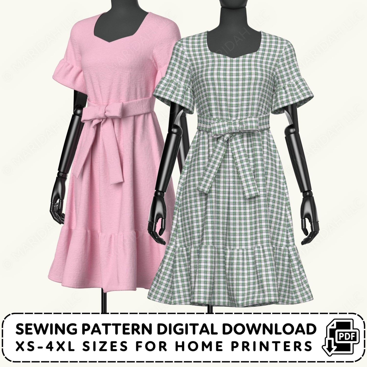 Two dresses on mannequins with sewing pattern digital download text.