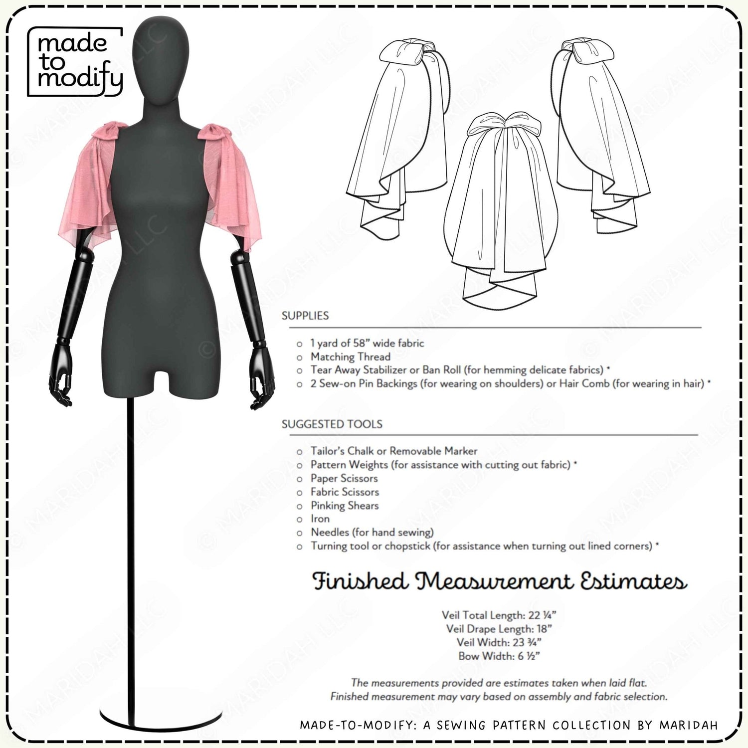 Sewing pattern collection sheet from Made-To-Modify showing a black dress form wearing a pink short-sleeve blouse, with line drawings of the garment, a supplies list, suggested tools, and finished measurement estimates.