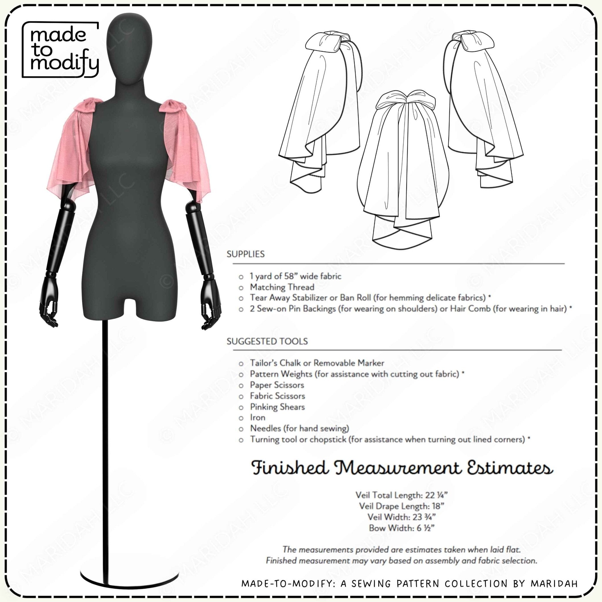 Sewing pattern collection sheet from Made-To-Modify showing a black dress form wearing a pink short-sleeve blouse, with line drawings of the garment, a supplies list, suggested tools, and finished measurement estimates.
