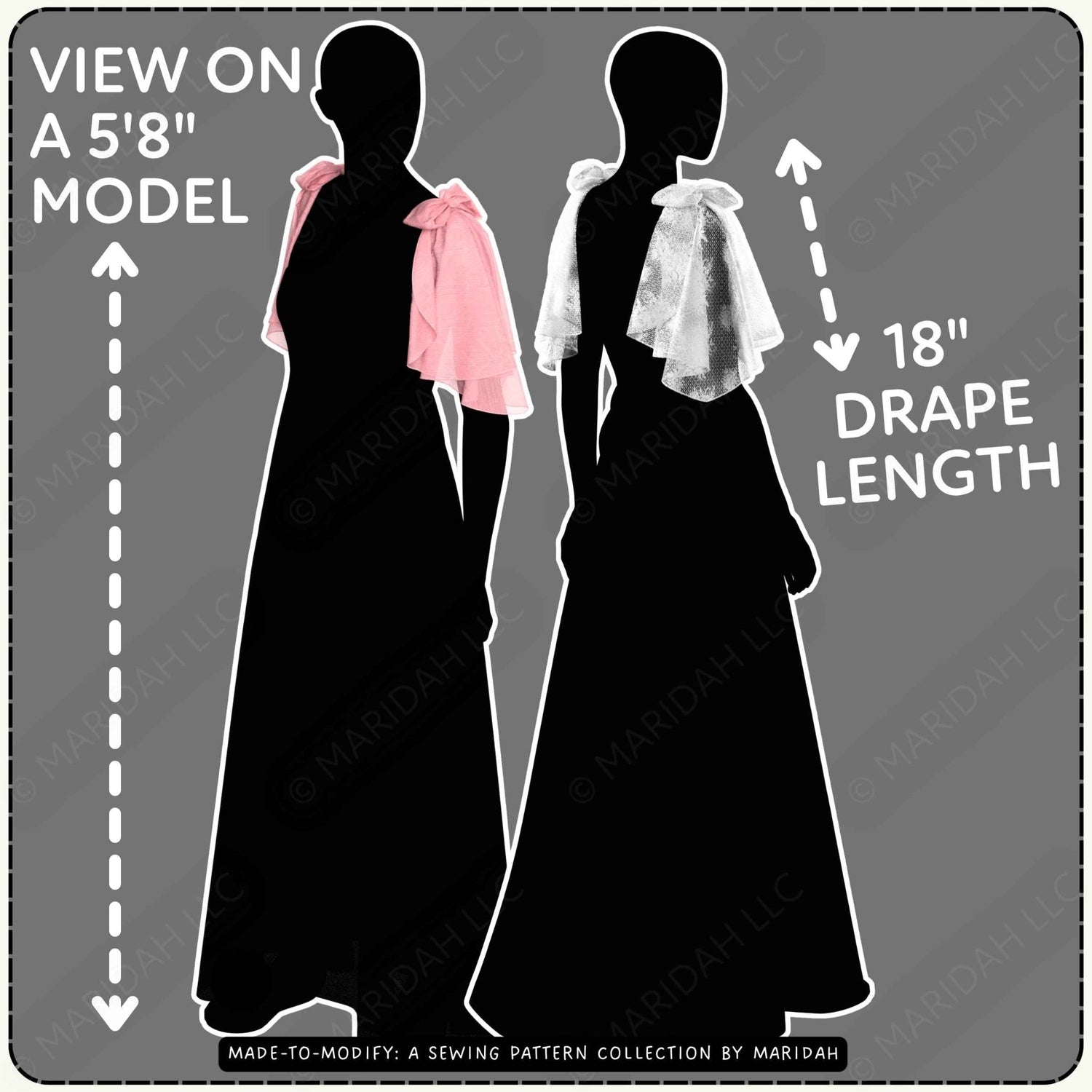 Sewing pattern measurement graphic showing two black dress silhouettes on a gray background, labeled to be viewed on a 5&