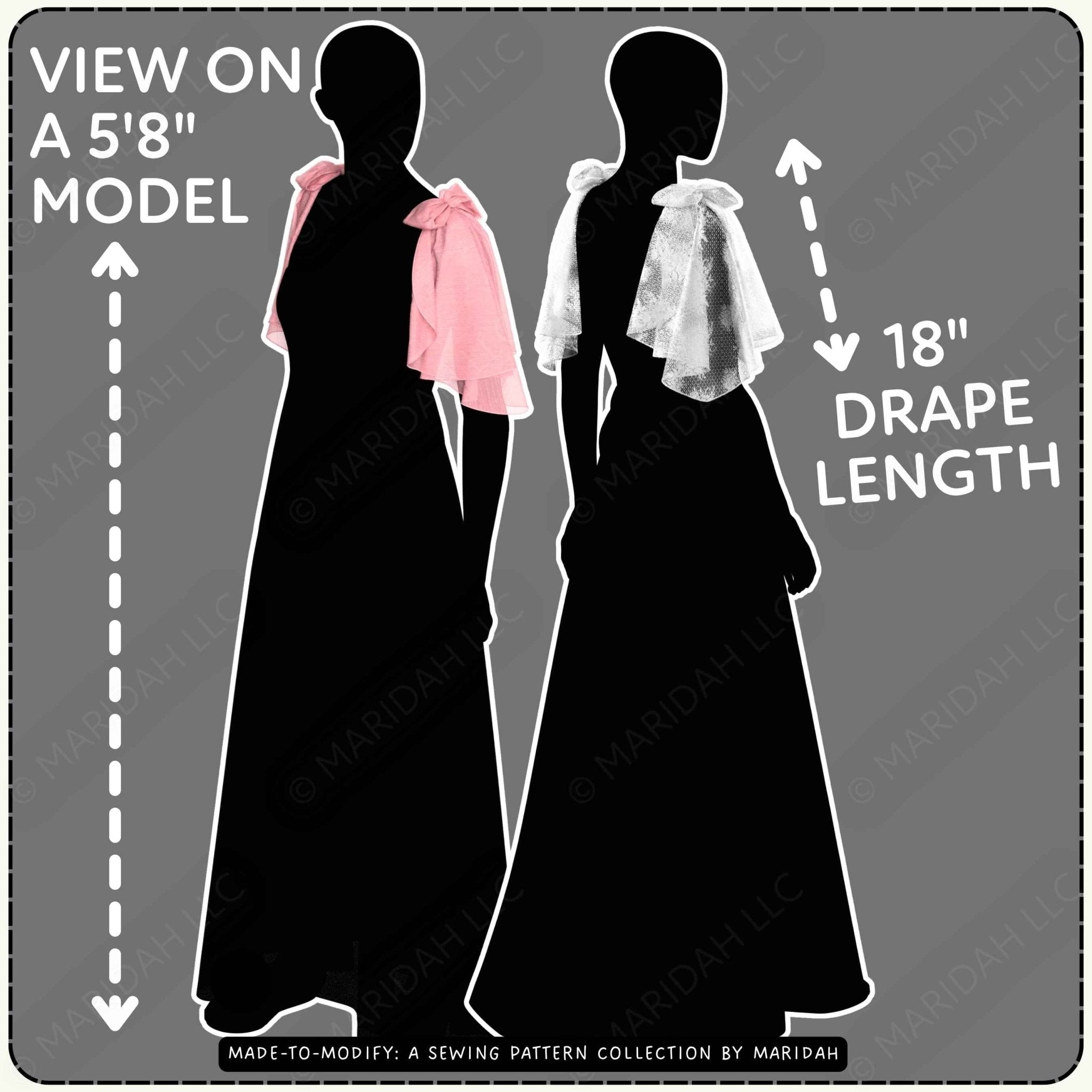 Sewing pattern measurement graphic showing two black dress silhouettes on a gray background, labeled to be viewed on a 5&