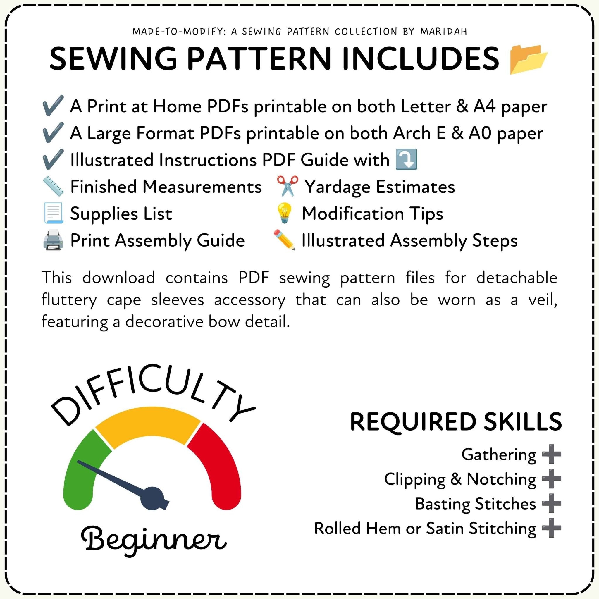 A digital listing graphic detailing the contents of a sewing pattern collection by Maridah. The graphic features a checklist of included items such as printable PDFs, an illustrated instructions PDF guide, finished measurements, yardage estimates, a supplies list, and an assembly guide.
