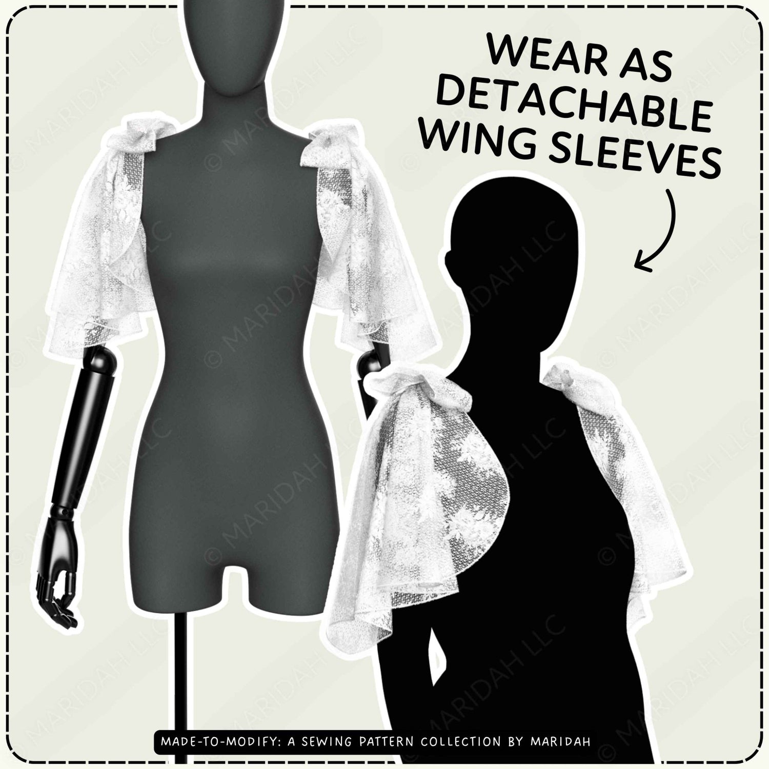 Promotional graphic for a sewing pattern showing a mannequin and a black silhouette wearing white detachable lace wing sleeves, with text reading &