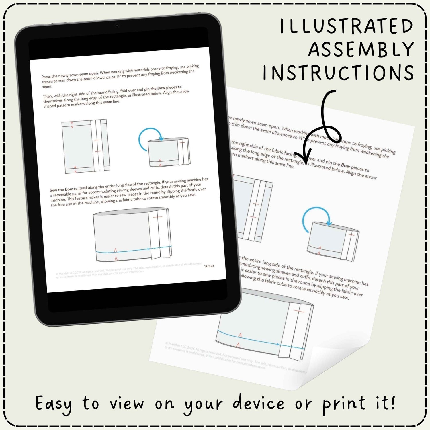 Instruction sheet for assembling a box cutter, shown on a tablet screen and as a printed copy, with the text &