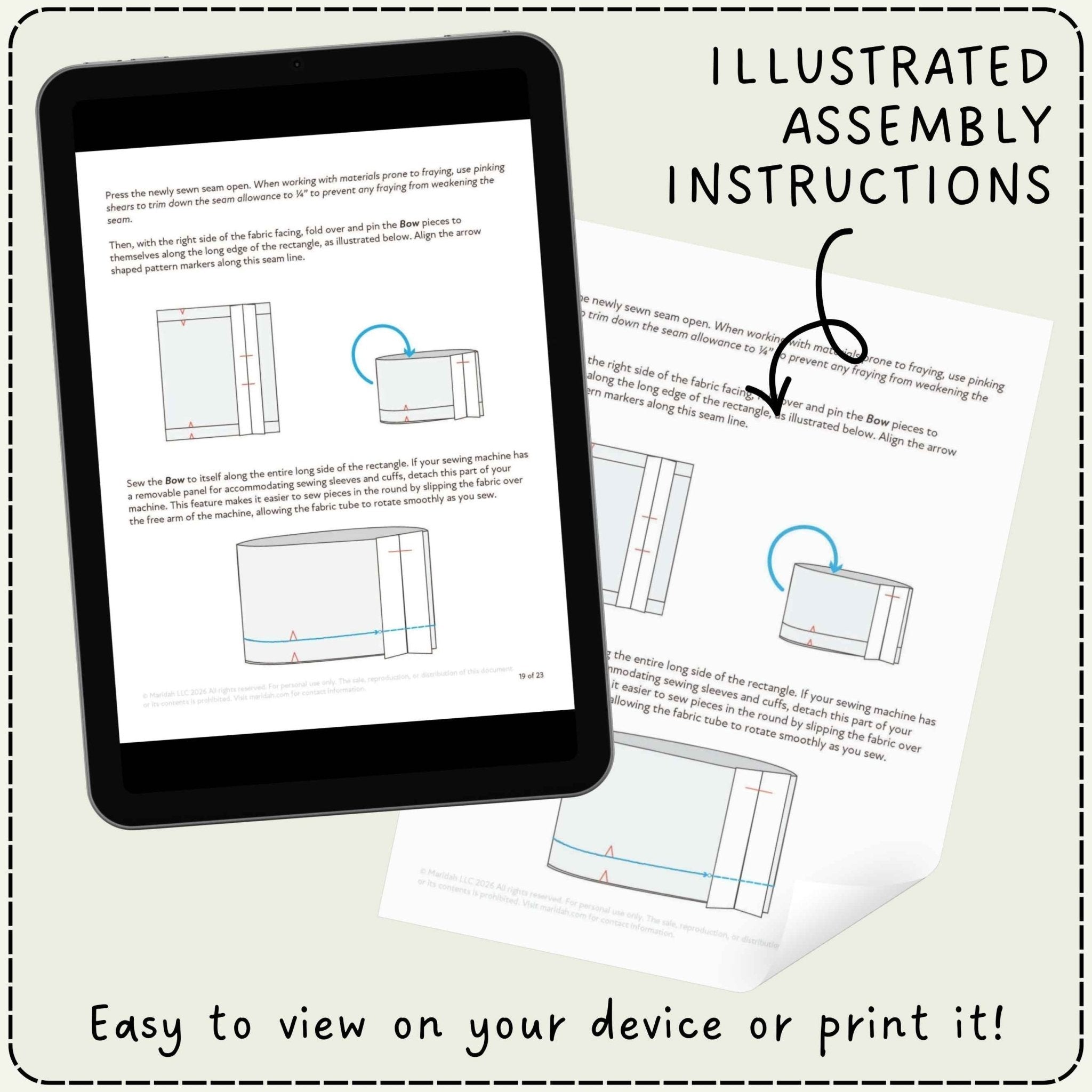 Instruction sheet for assembling a box cutter, shown on a tablet screen and as a printed copy, with the text &