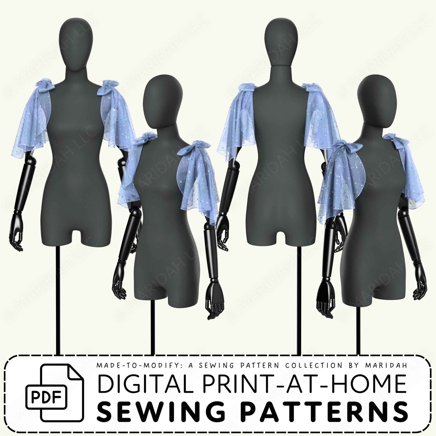 Four dark gray dress forms display light blue sheer ruffled shrug or cape sleeves from front and back angles. A white banner at the bottom reads &