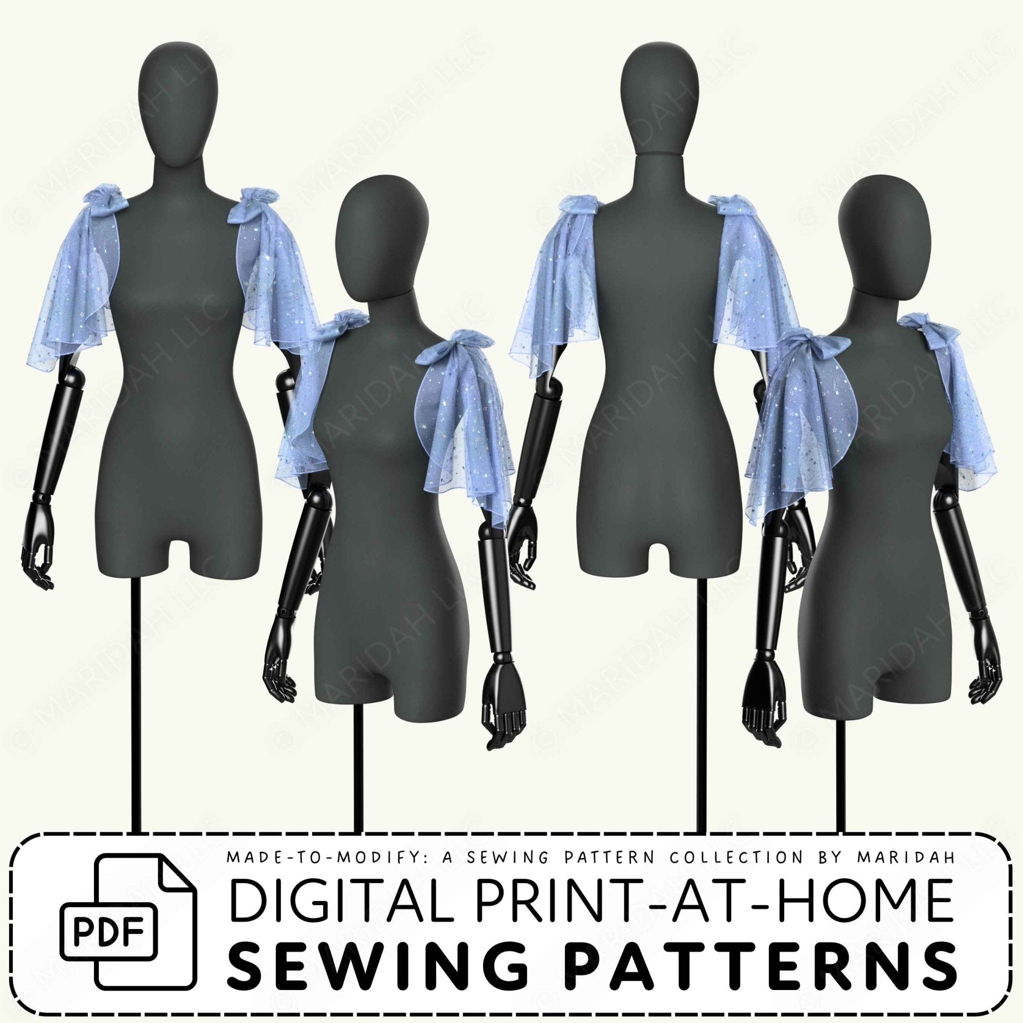 Four dark gray dress forms display light blue sheer ruffled shrug or cape sleeves from front and back angles. A white banner at the bottom reads &