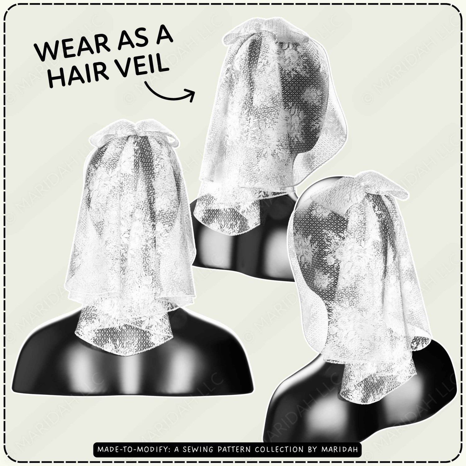 Three mannequin heads wearing white lace hair veils are shown on a light beige background with the text &
