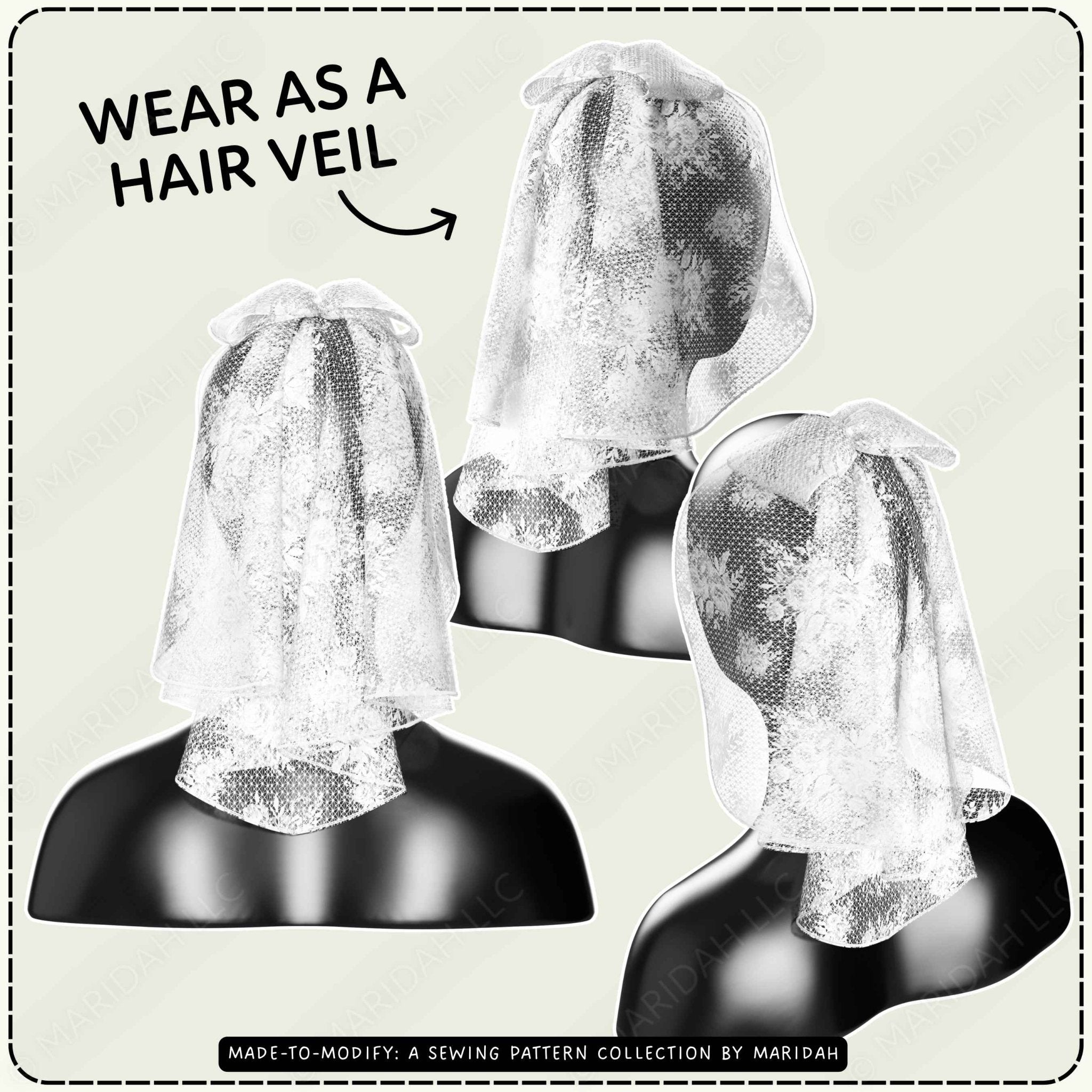 Three mannequin heads wearing white lace hair veils are shown on a light beige background with the text &
