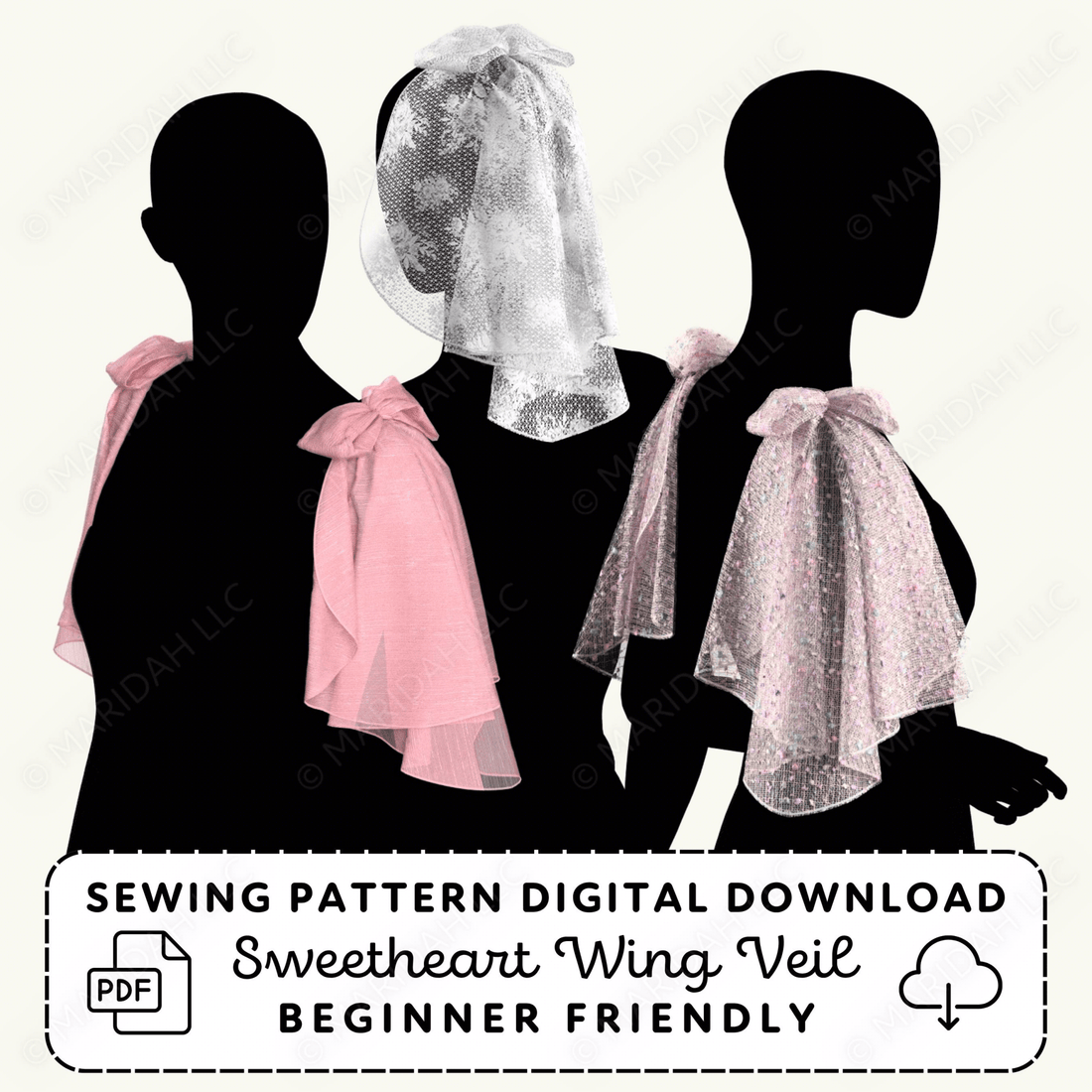 Silhouette of a woman wearing a sweetheart wing veil with text about a sewing pattern digital download.