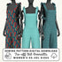 Three mannequins wearing tie-off bib overalls with sewing pattern digital download text.