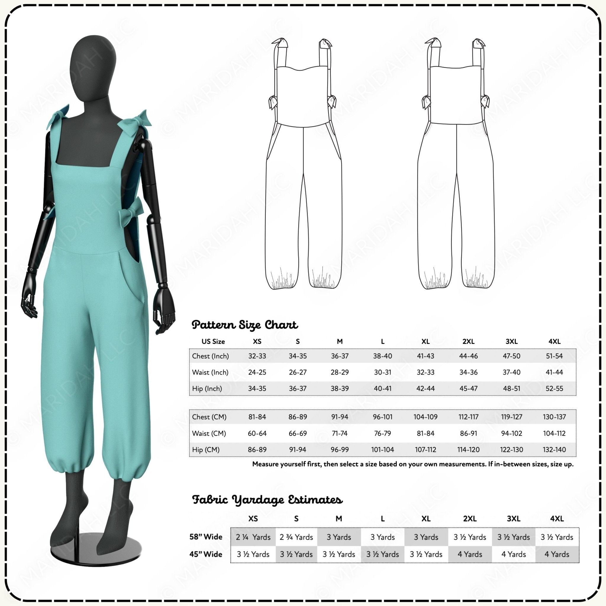 Teal jumpsuit on a mannequin with pattern size chart and fabric yardage estimates.
