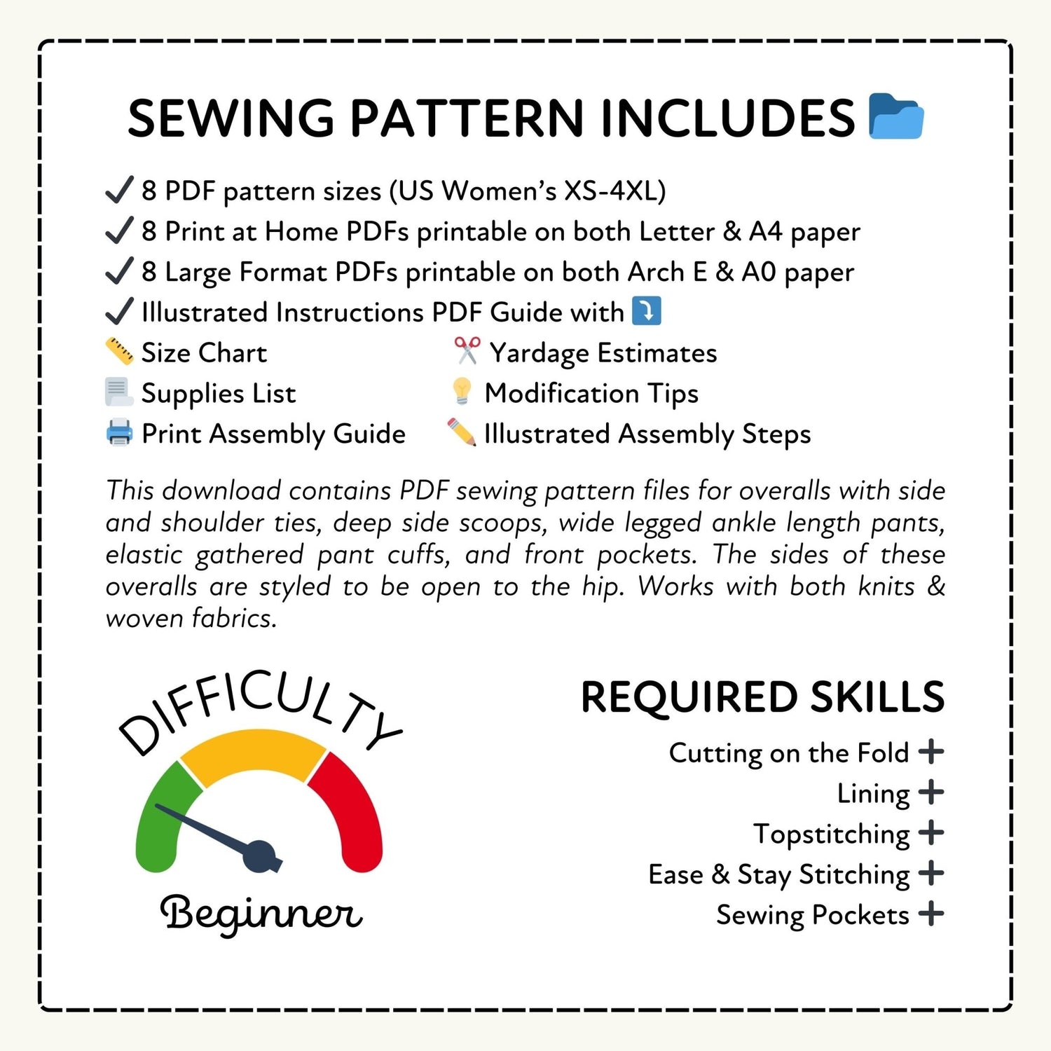 Tie - off Bib Overalls Printable Sewing Pattern PDF Sewing Pattern File