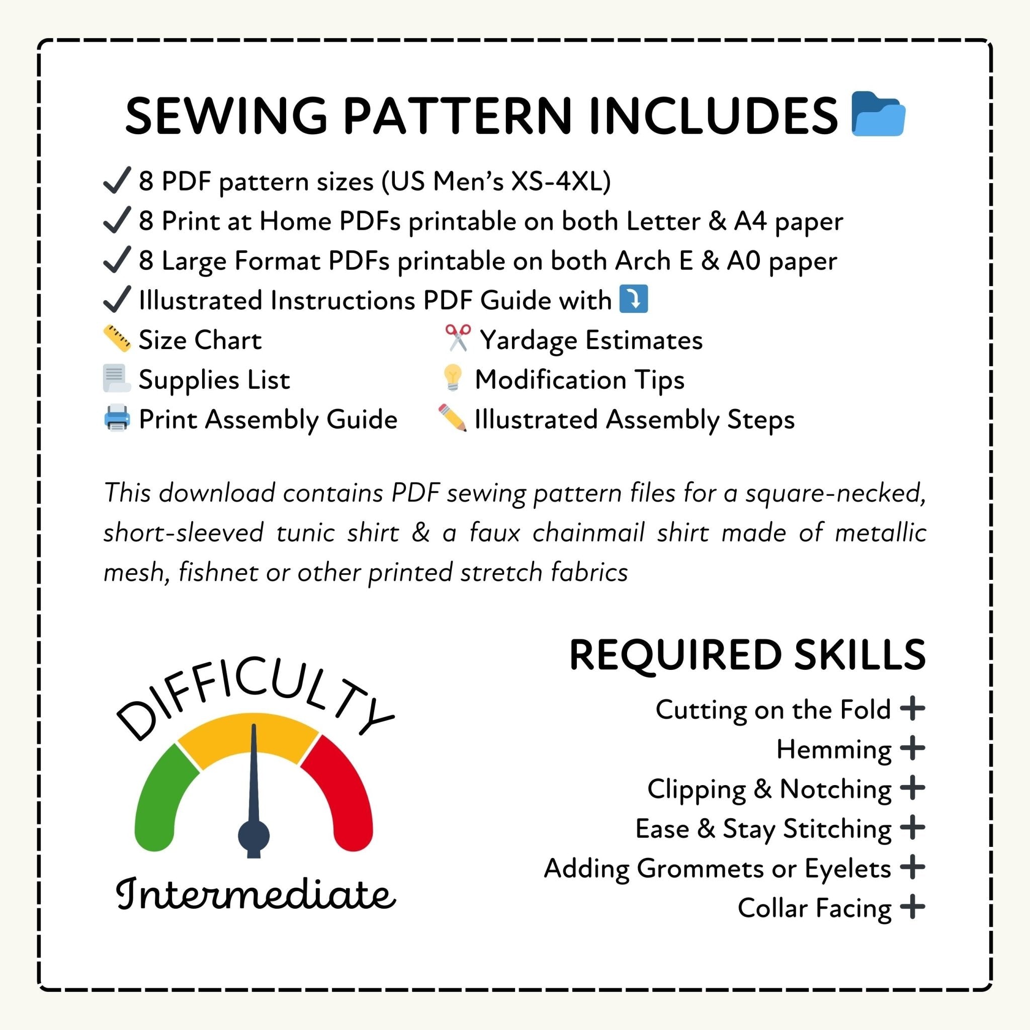 Sewing pattern information with difficulty rating and required skills listed.