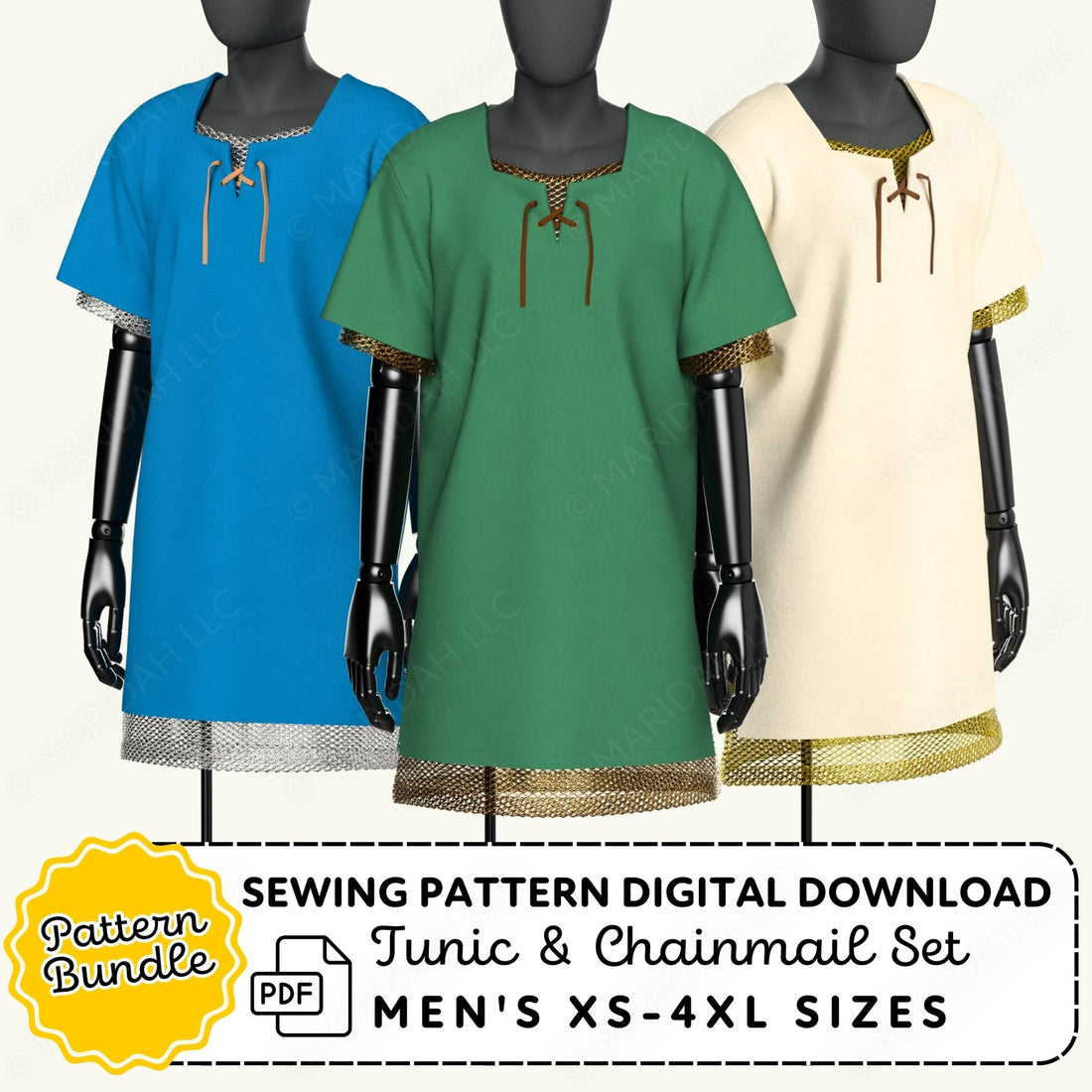 Three mannequins wearing blue, green, and beige tunics with chainmail details on a white background.