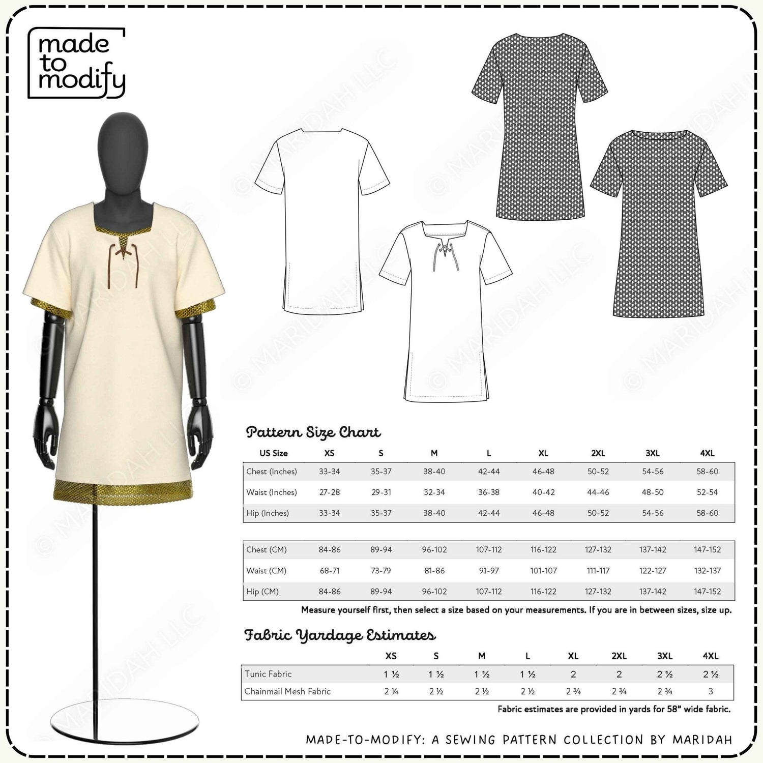 Infographic for a sewing pattern collection by Maridah, featuring a mannequin wearing a beige dress with gold trim, along with detailed measurements and fabric yardage information.