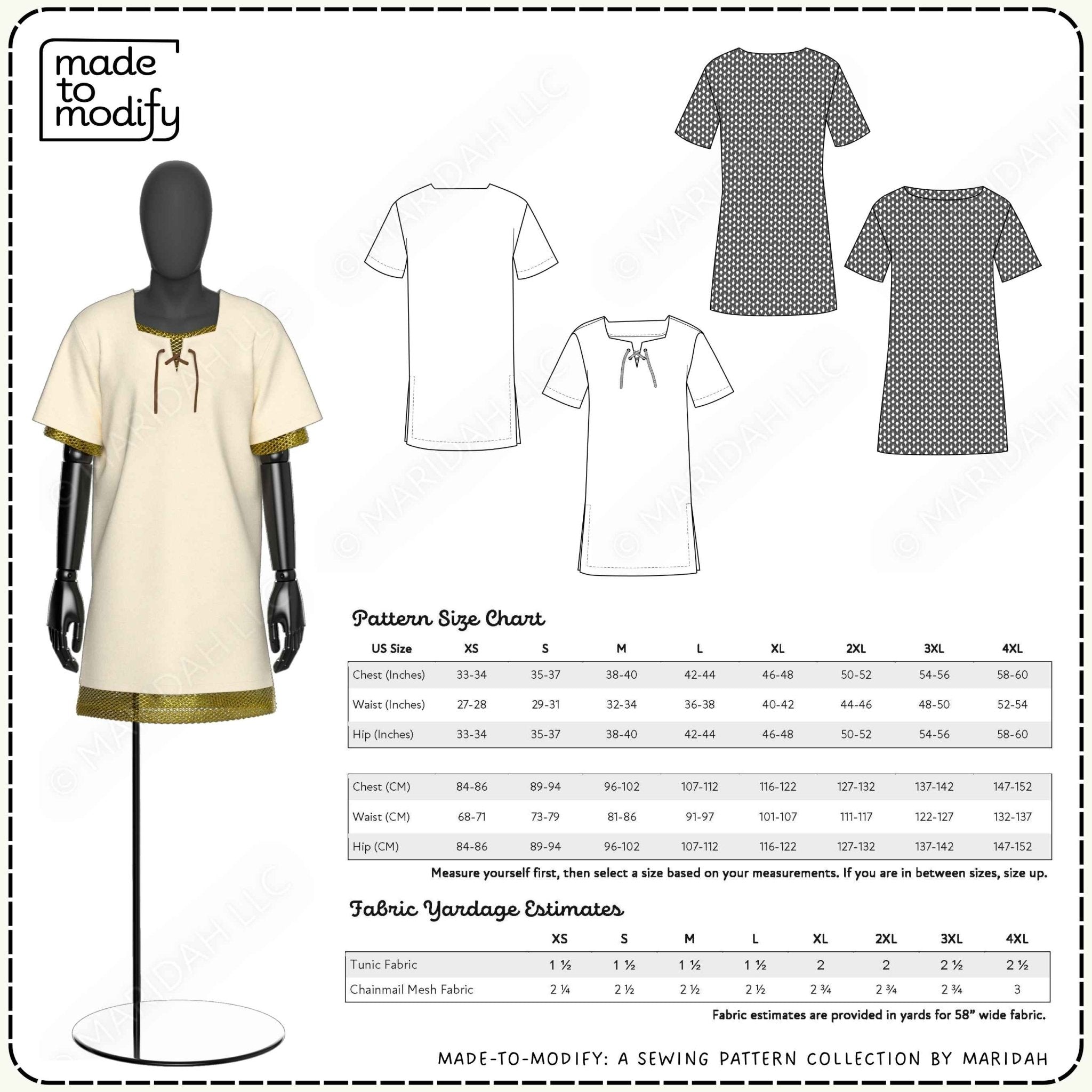 Infographic for a sewing pattern collection by Maridah, featuring a mannequin wearing a beige dress with gold trim, along with detailed measurements and fabric yardage information.