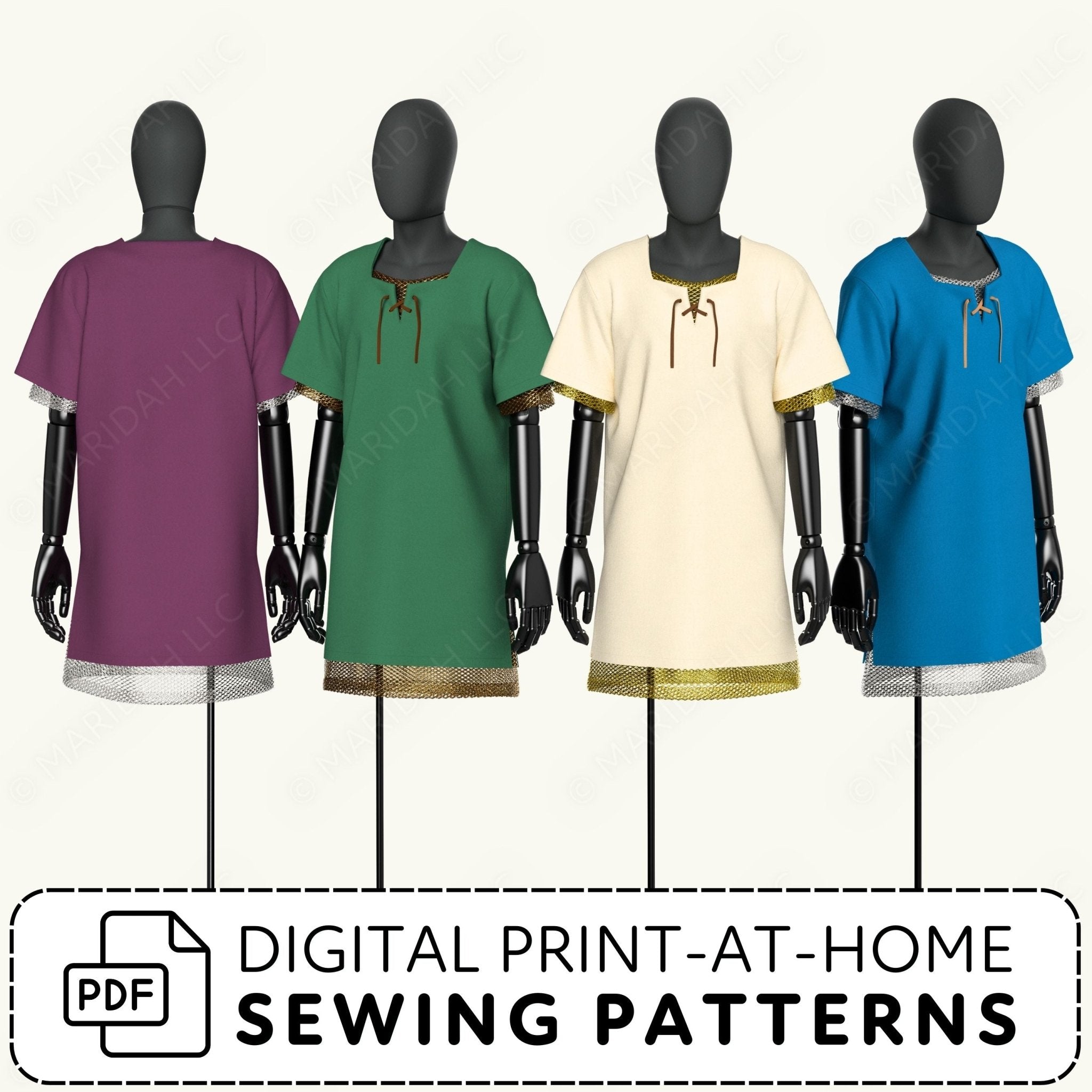 Four mannequins wearing different colored shirts with text about digital print-at-home sewing patterns.