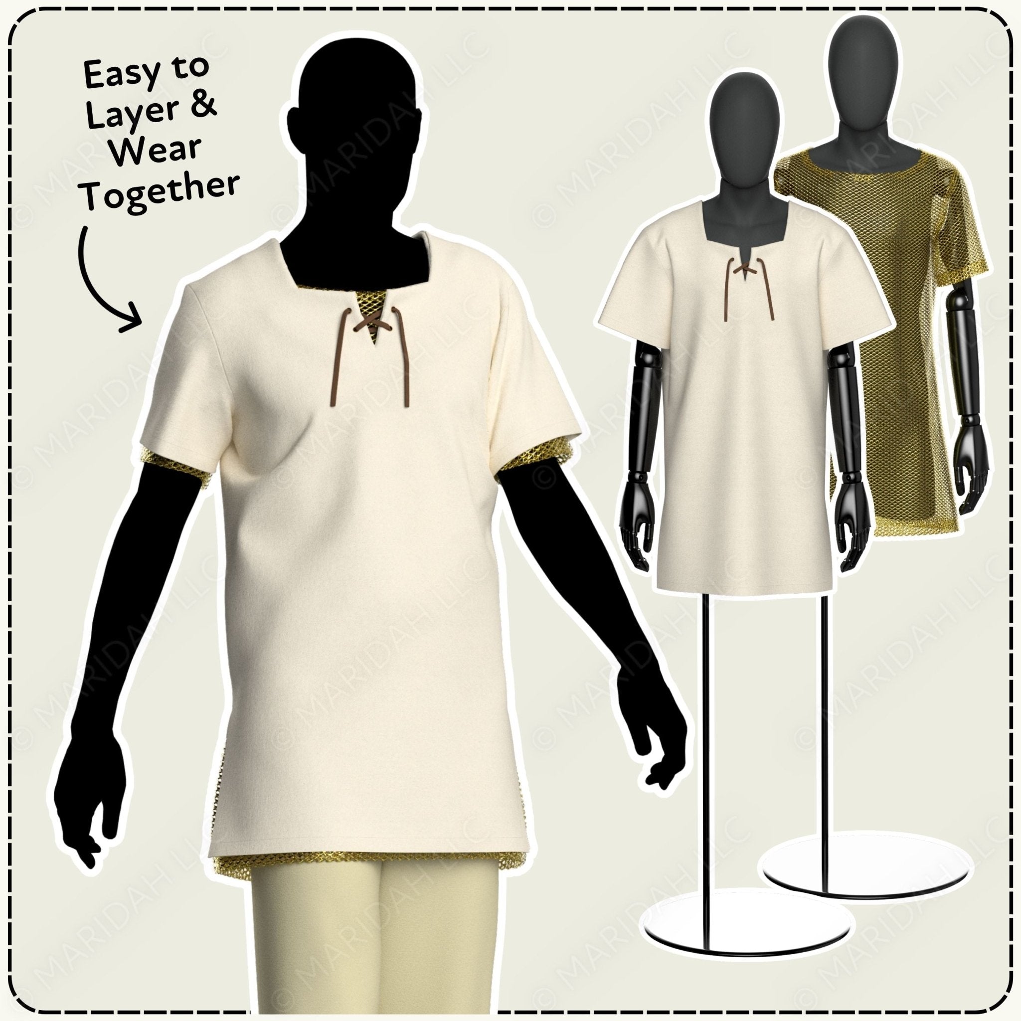 Mannequin wearing a cream-colored top with text indicating ease of layering and wearing together.