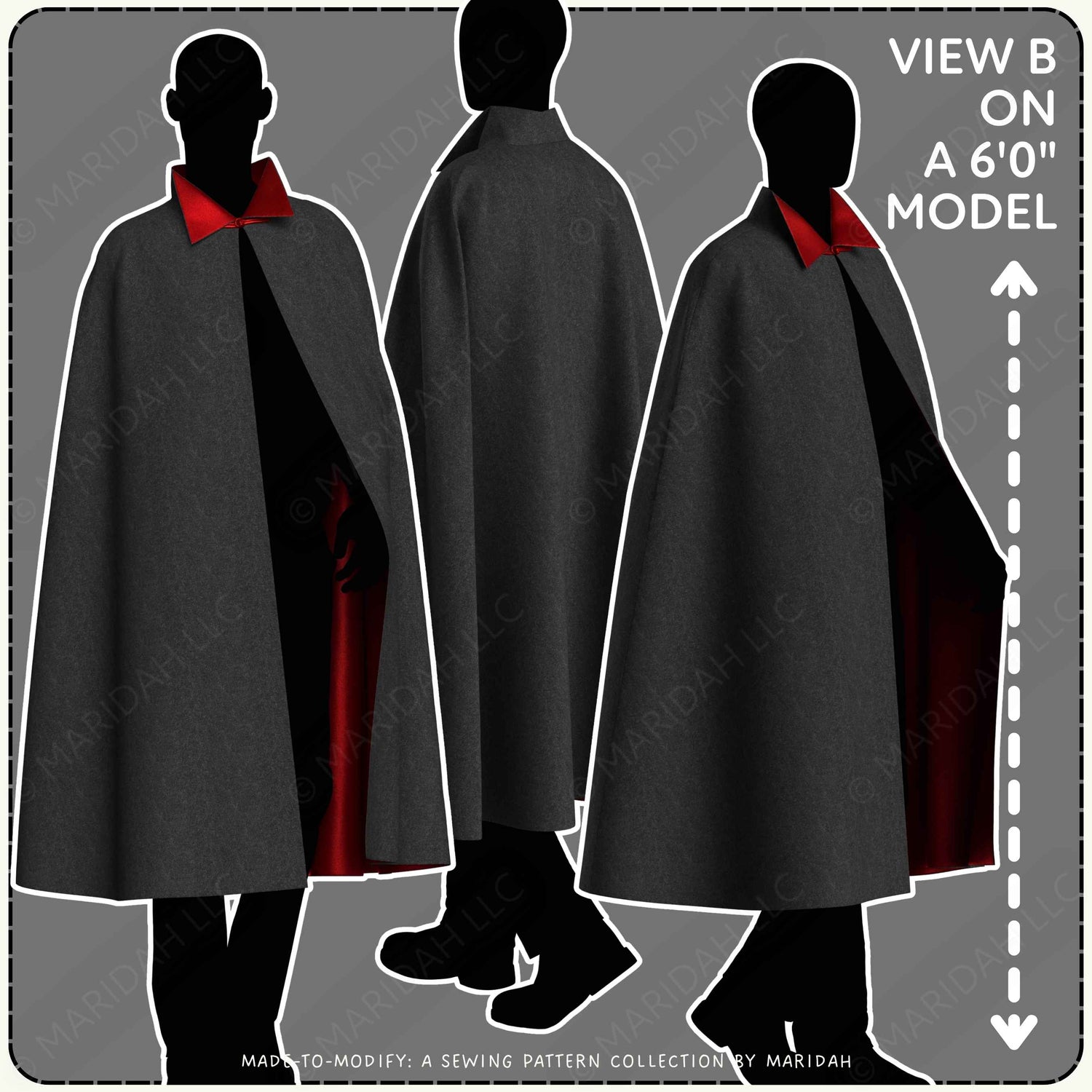 Three silhouettes of a model wearing a vampire collar cape with text that reads View B on a 6&