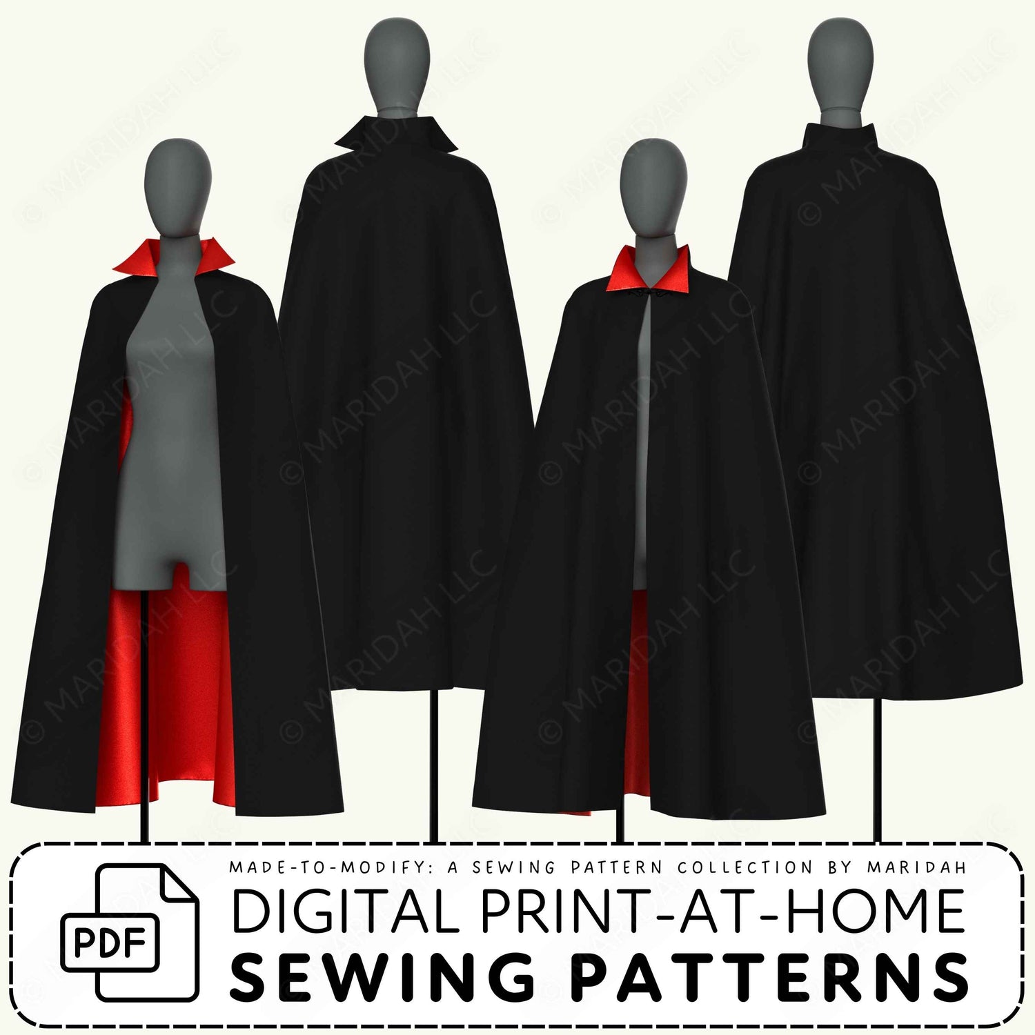 Four mannequins wearing vampire collar capes with text that reads Digital Print At Home Sewing Patterns