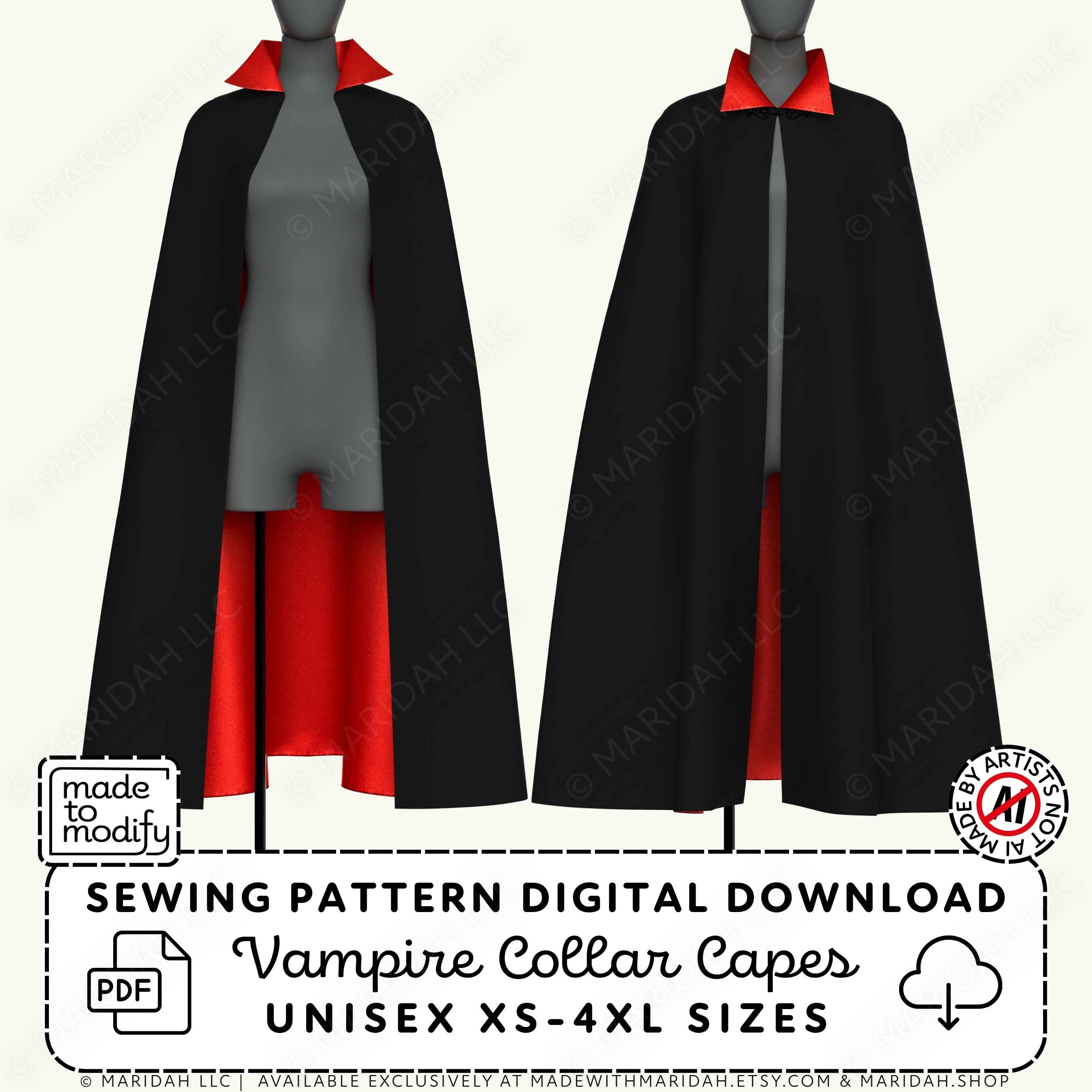 A pair of Vampire collar capes on mannequins with text reading Sewing Pattern Digital Download Vampire Collar Capes Unisex XS-4XL Sizes