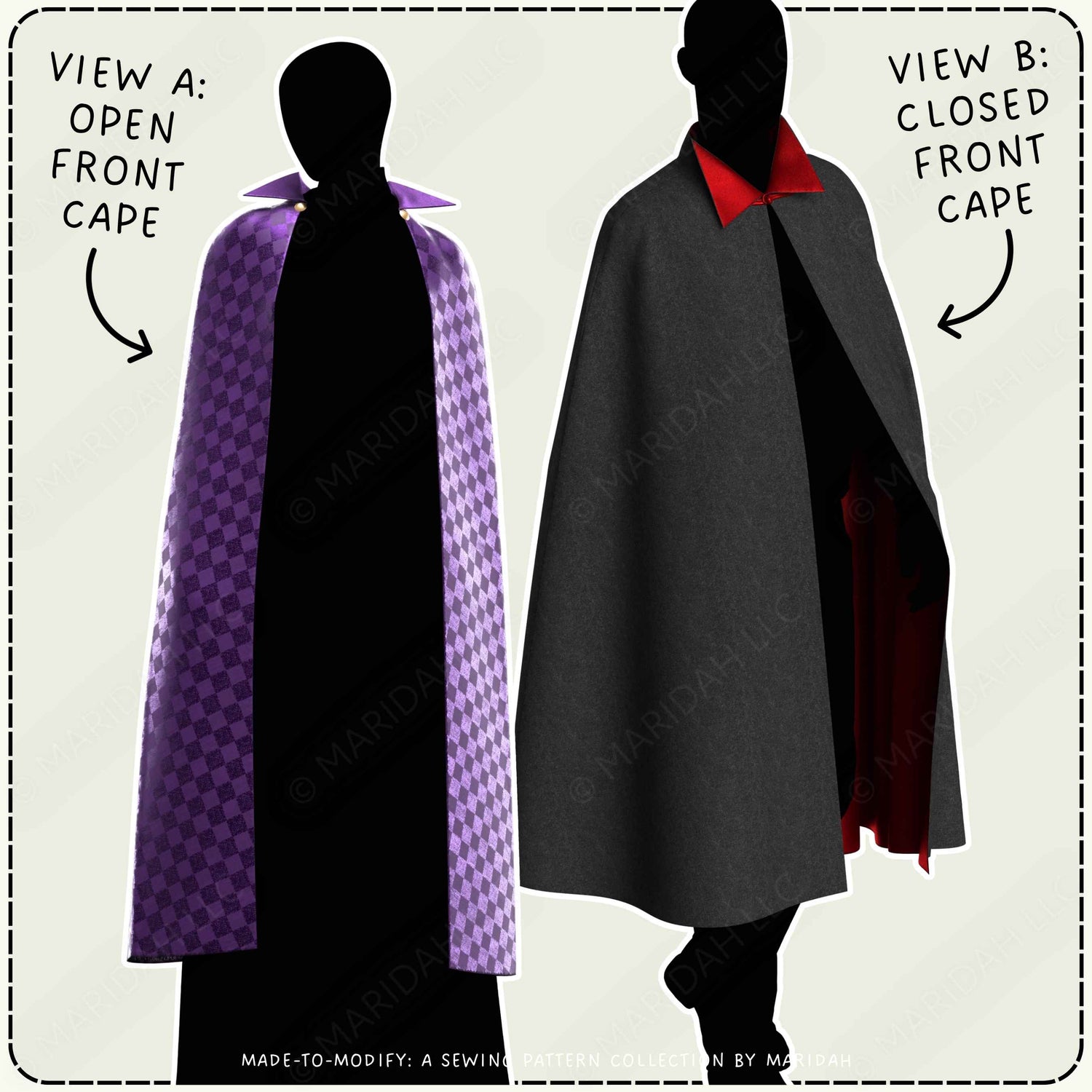 Two models wearing different colors of vampire collared capes with labels reading View A: Open Front Cape and View B: Closed Front Cape