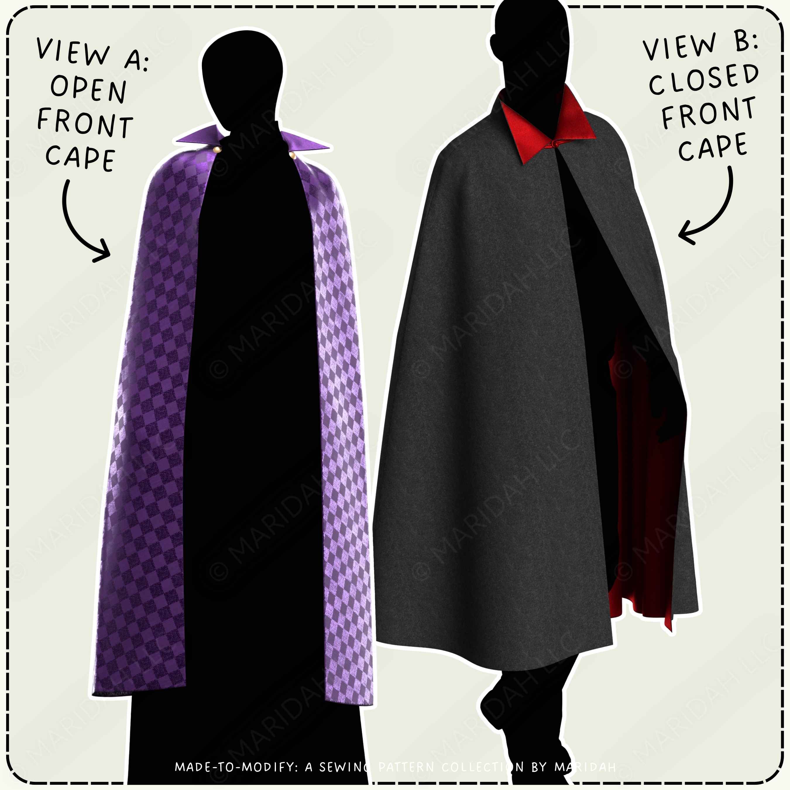 Two models wearing different colors of vampire collared capes with labels reading View A: Open Front Cape and View B: Closed Front Cape