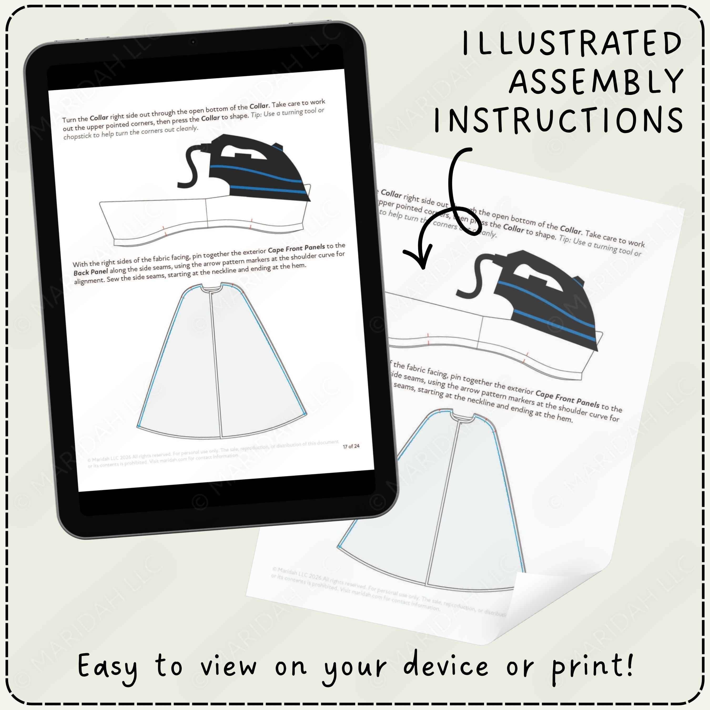 A collage of two images, one showing a printed pattern instructions page and the other depicting the page on a tablet. The text reads: "Illustrated Assembly Instructions. Easy to view on your device or print!"
