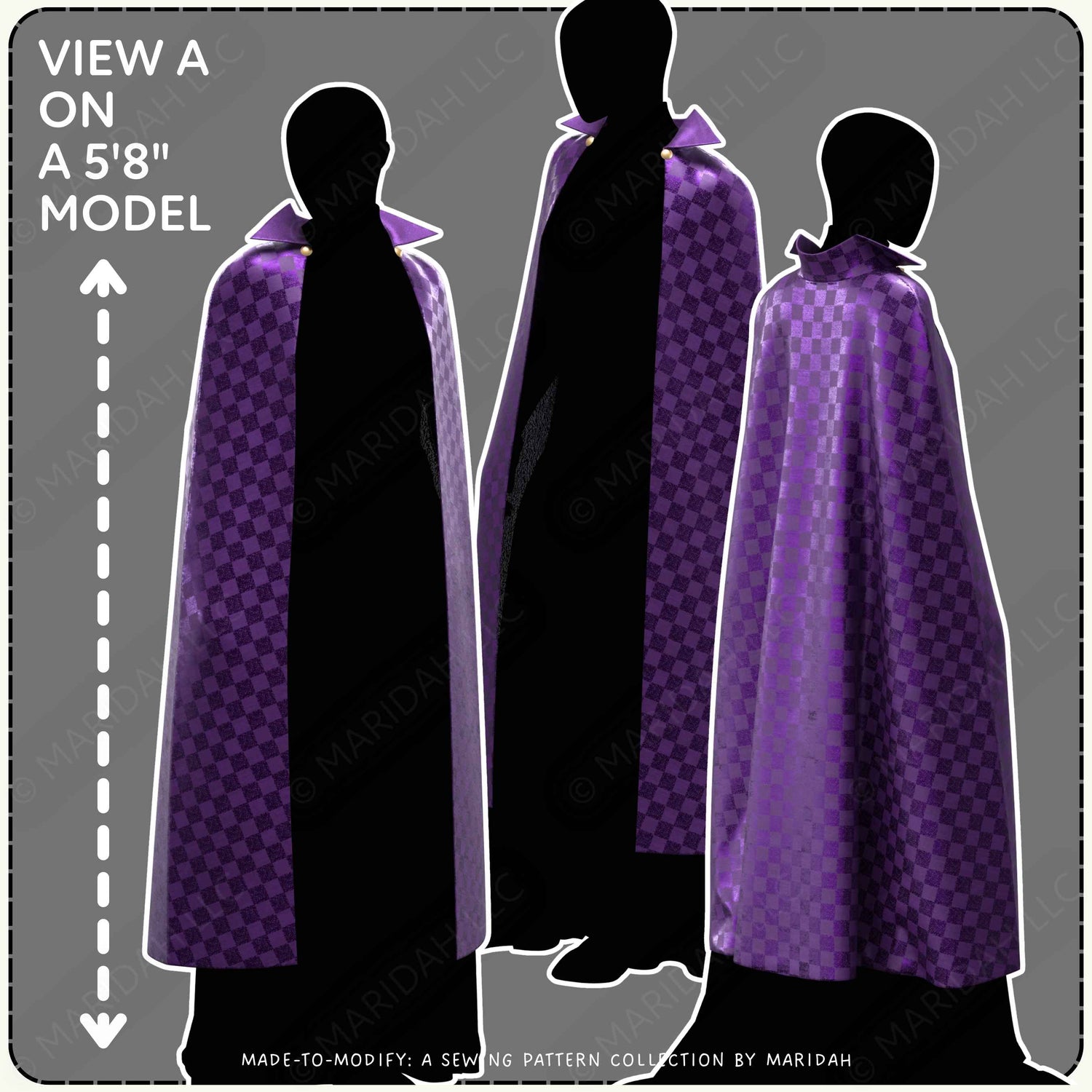 Three examples of a model wearing a checkered vampire collared cape with text that reads View A on a 5&