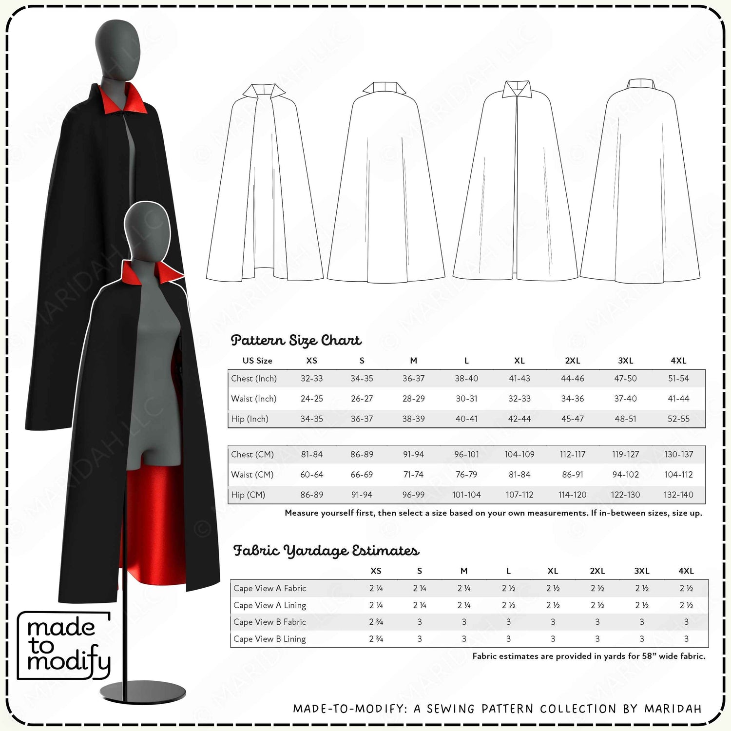 A pattern size chart and fabric yardage estimates for a cape, along with mannequins wearing capes.
