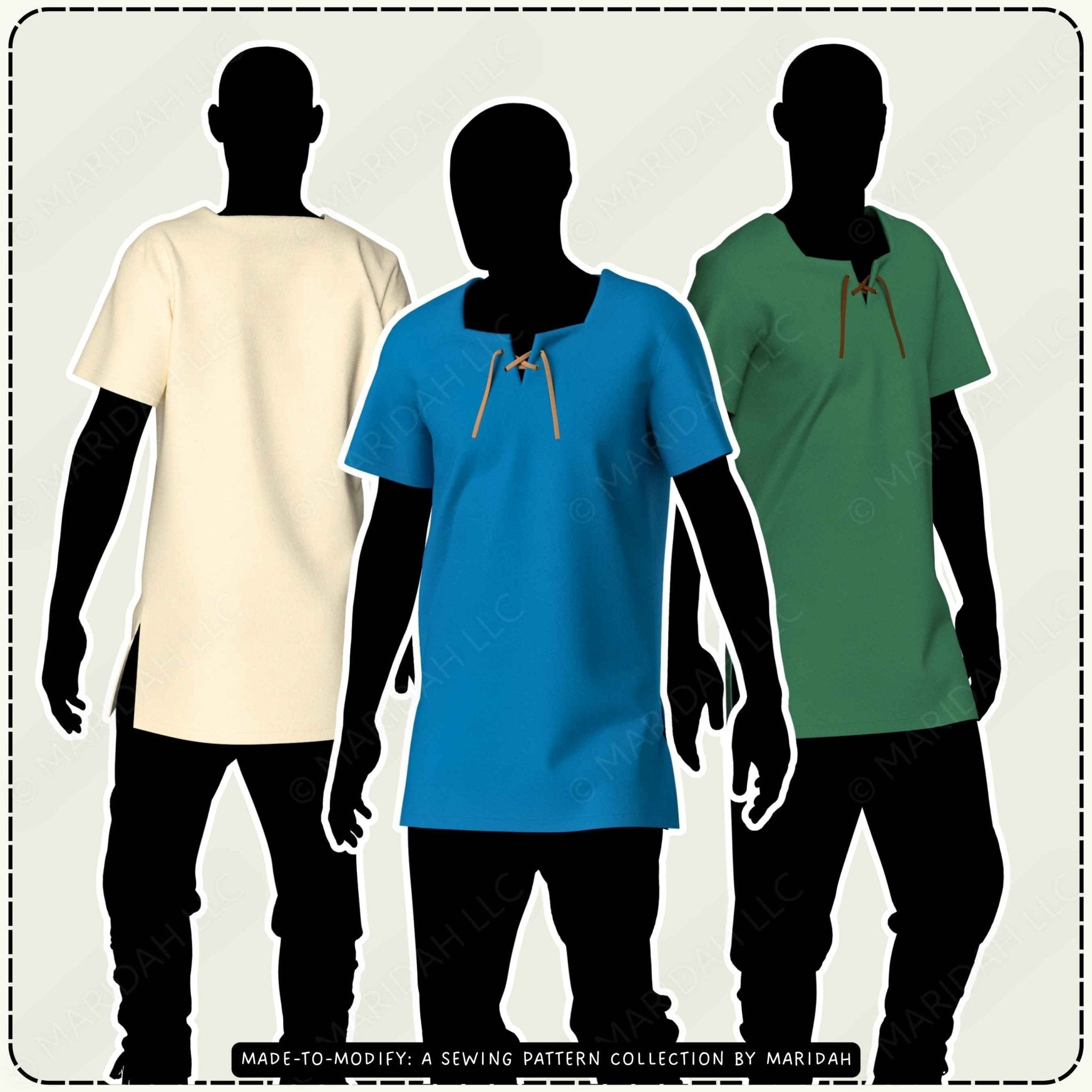 Three short-sleeve tunic shirts shown on black mannequin silhouettes against a light gray background, with the center shirt in bright blue and the side shirts in cream and green. The shirts have a rounded neckline, short sleeves, and a small decorative lace-up detail at the chest.