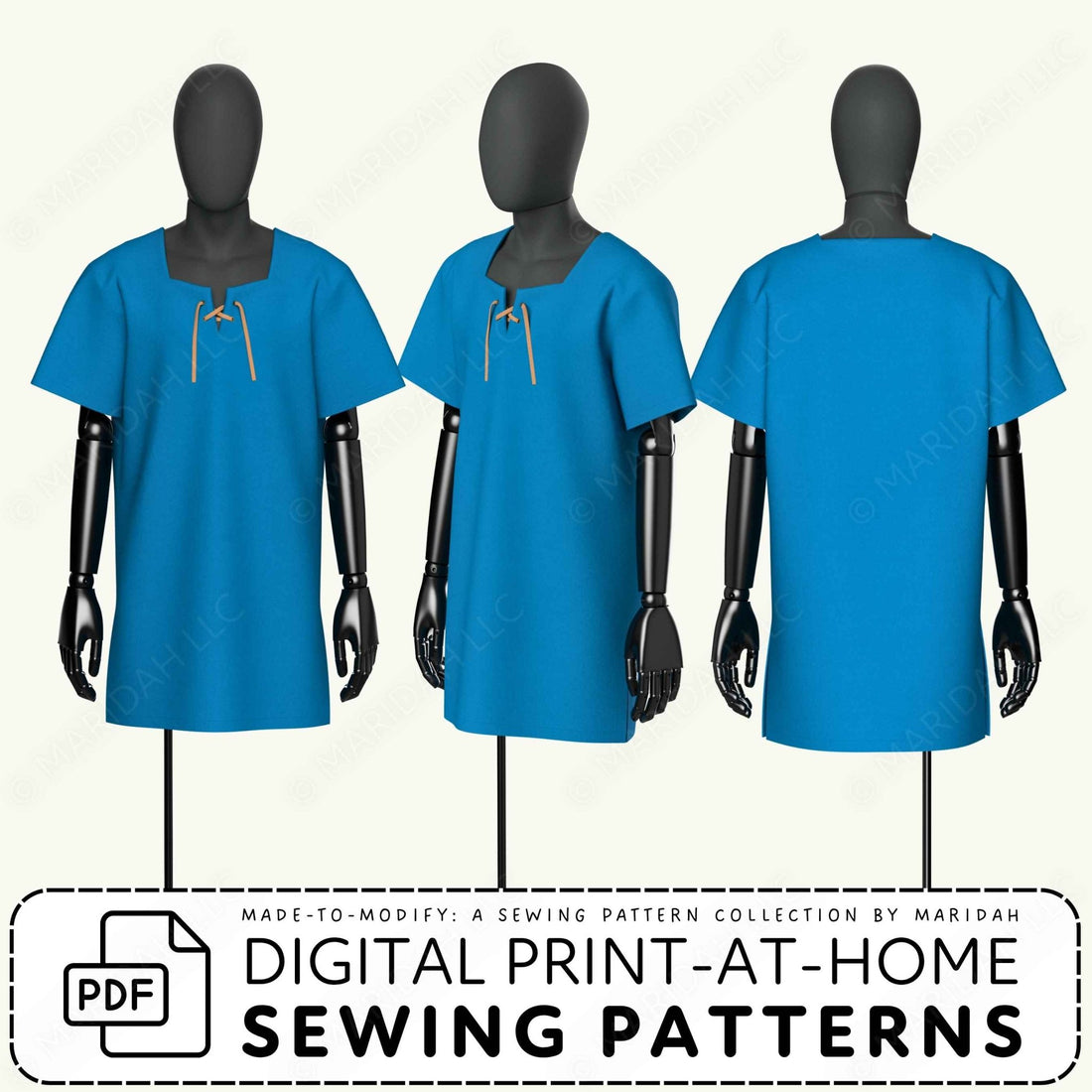 Three black mannequins display the front, back, and side views of a bright blue short-sleeve tunic dress with a decorative lace-up neckline. A banner at the bottom advertises digital print-at-home sewing patterns.