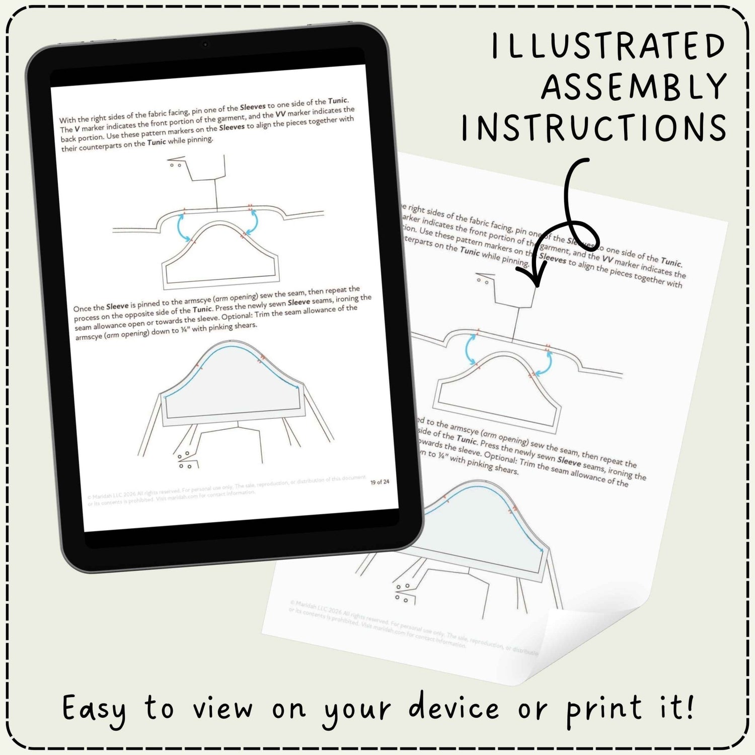 Instruction sheet shown on a tablet screen and a separate printed page with the text &