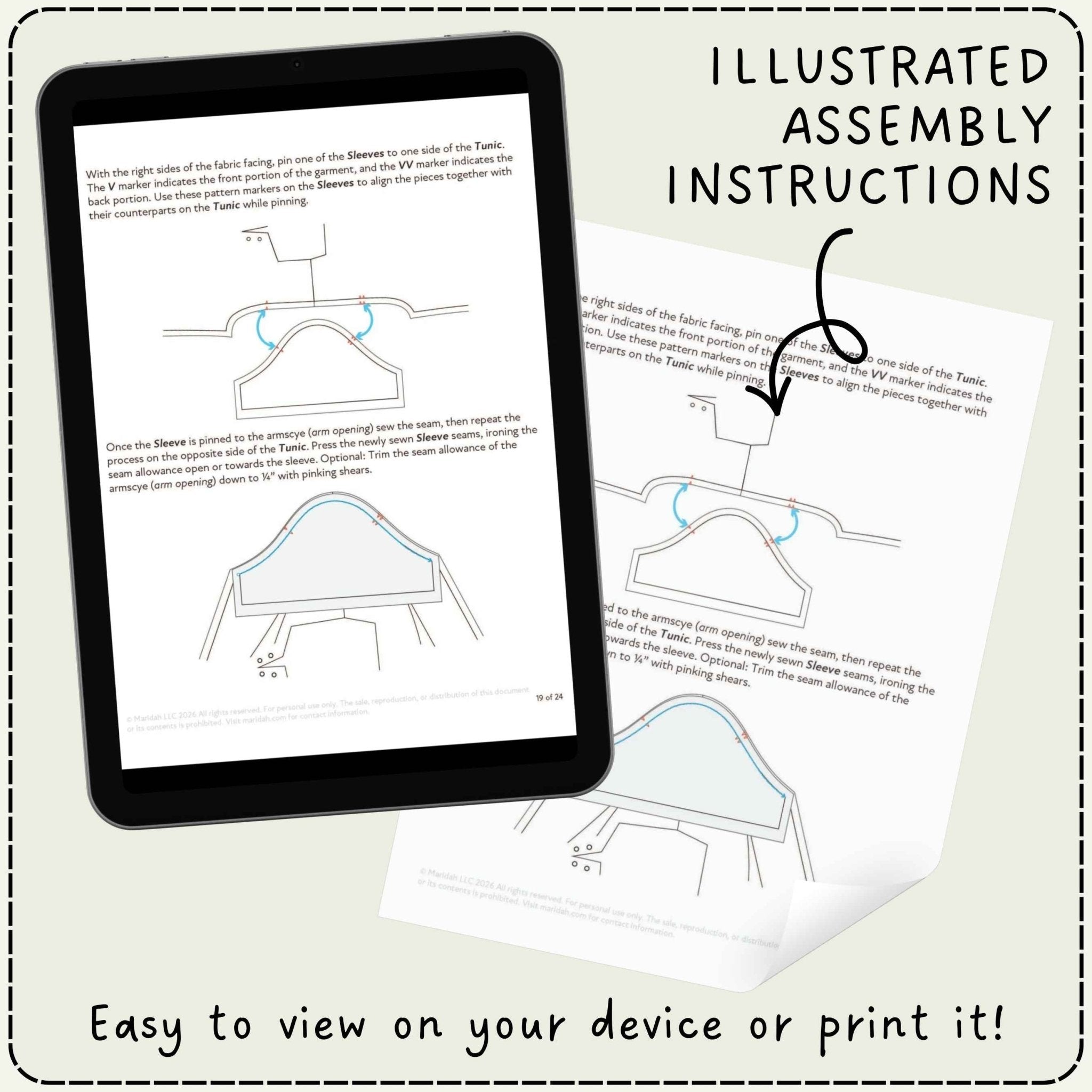 Instruction sheet shown on a tablet screen and a separate printed page with the text &