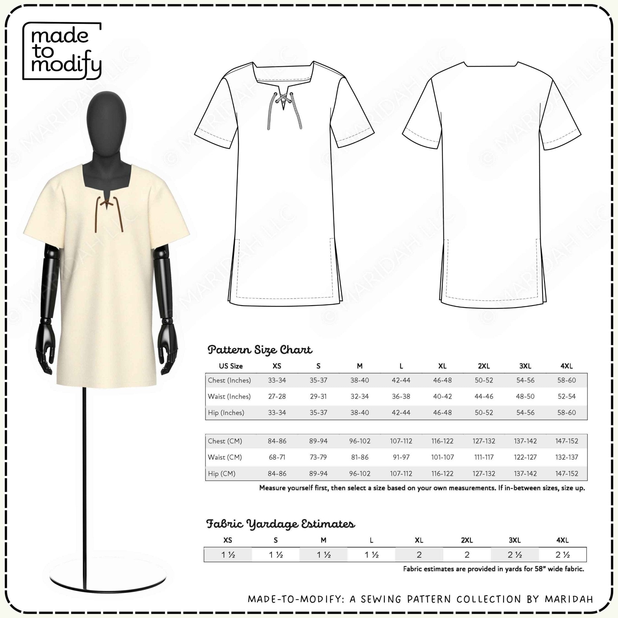 Pattern size chart and fabric yardage estimates for a short-sleeve t-shirt sewing pattern, shown alongside a mannequin wearing a cream-colored mockup of the shirt. The chart includes size measurements from XS to 4L and lists fabric yardage estimates.