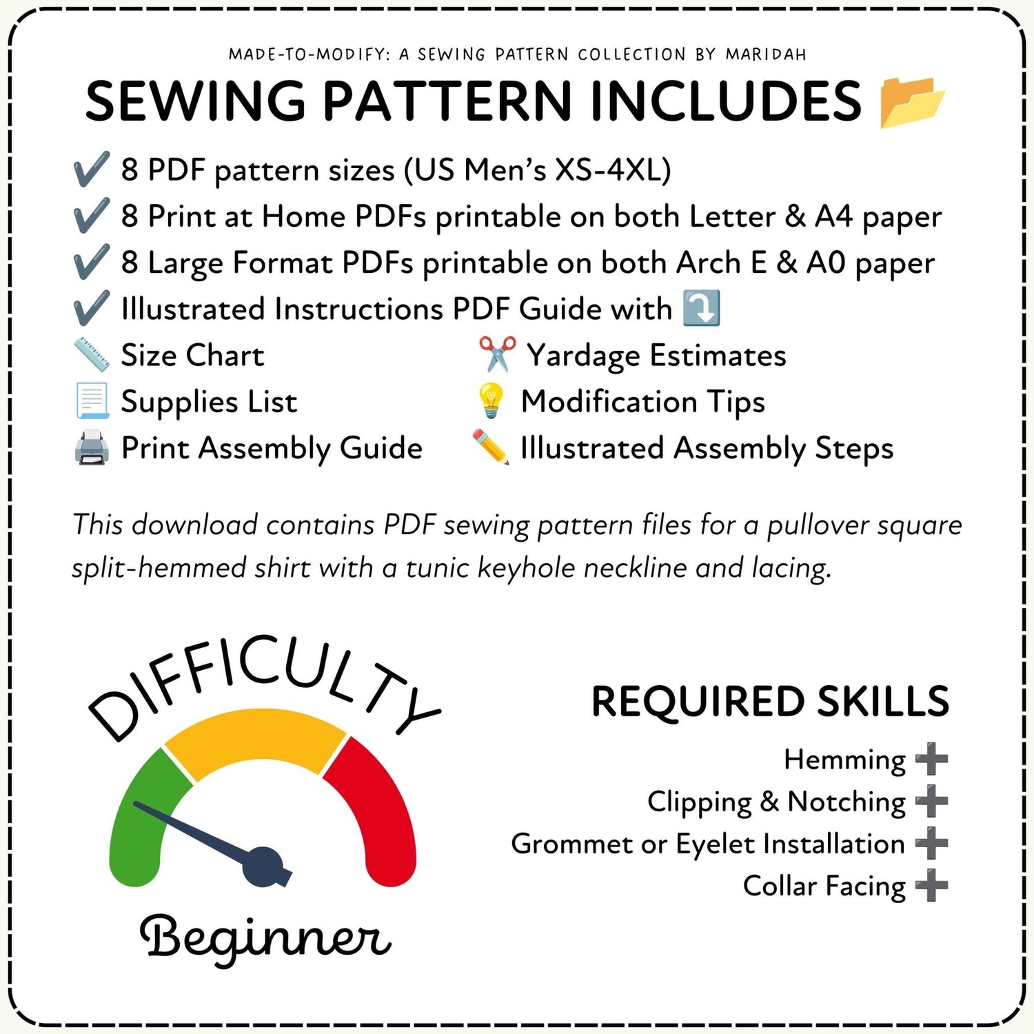 A digital listing graphic for a sewing pattern download, titled &