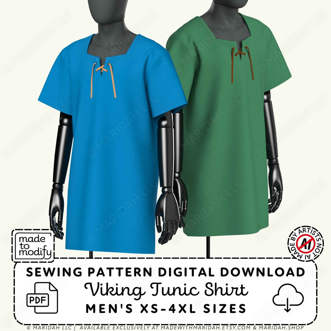 Digital sewing pattern preview for a Viking tunic shirt shown on two black mannequins, one wearing a bright blue version and the other a green version. The image includes text stating &