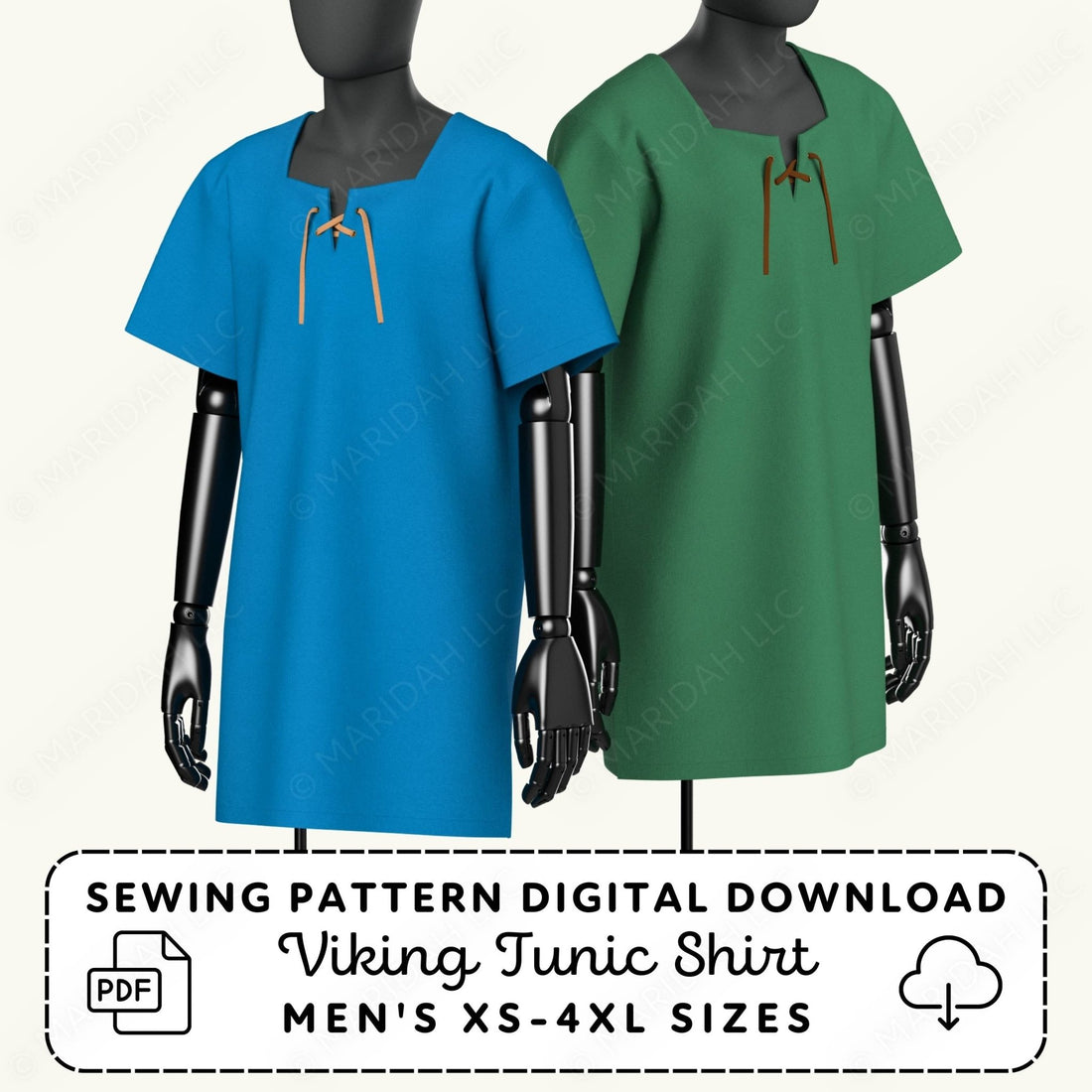 Two mannequins wearing blue and green Viking tunic shirts with sewing pattern digital download text.