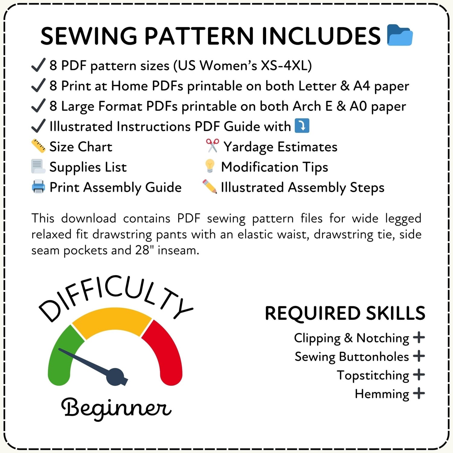 Sewing pattern information with difficulty rating and required skills listed.