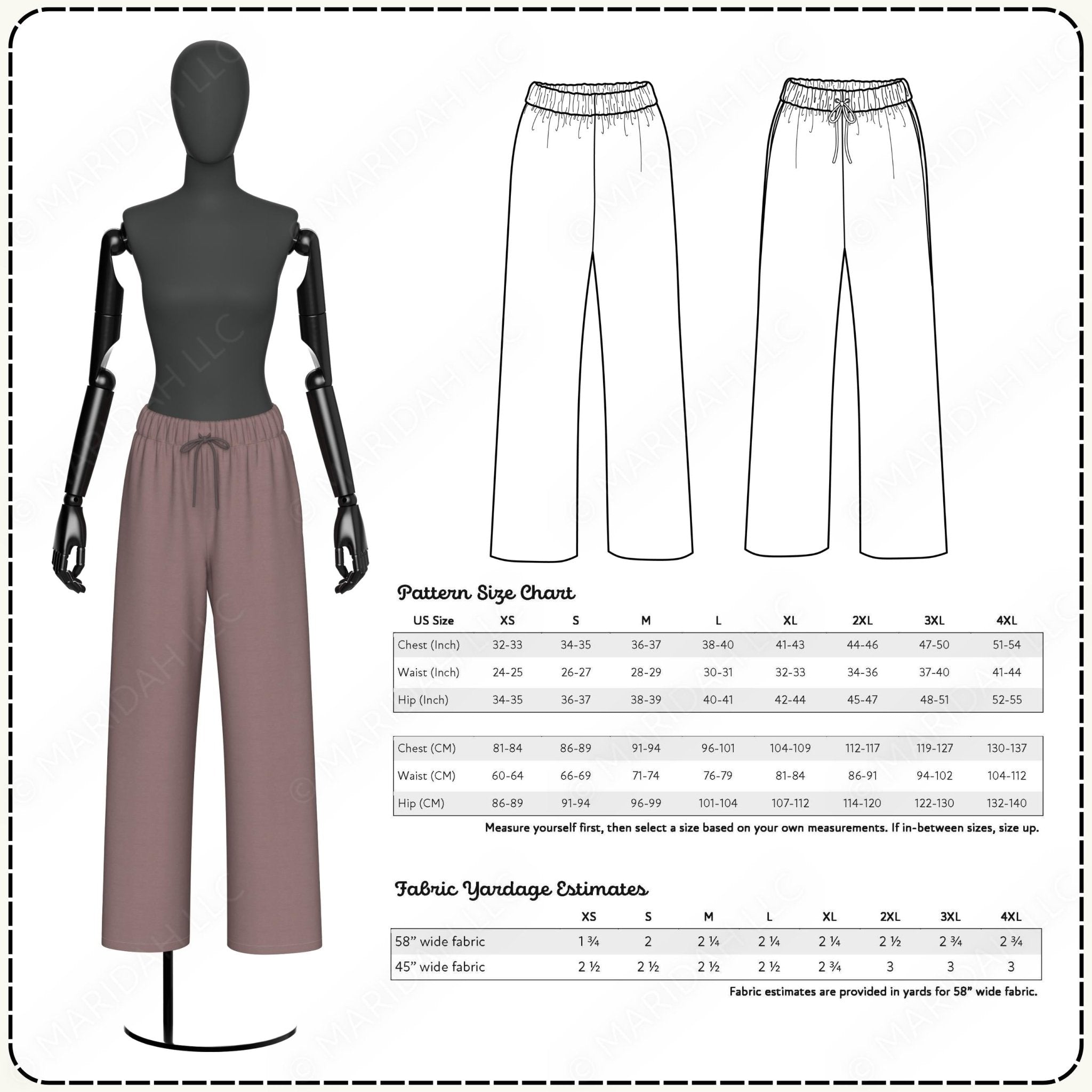 Pattern size chart for pants with a mannequin and fabric yardage estimates.
