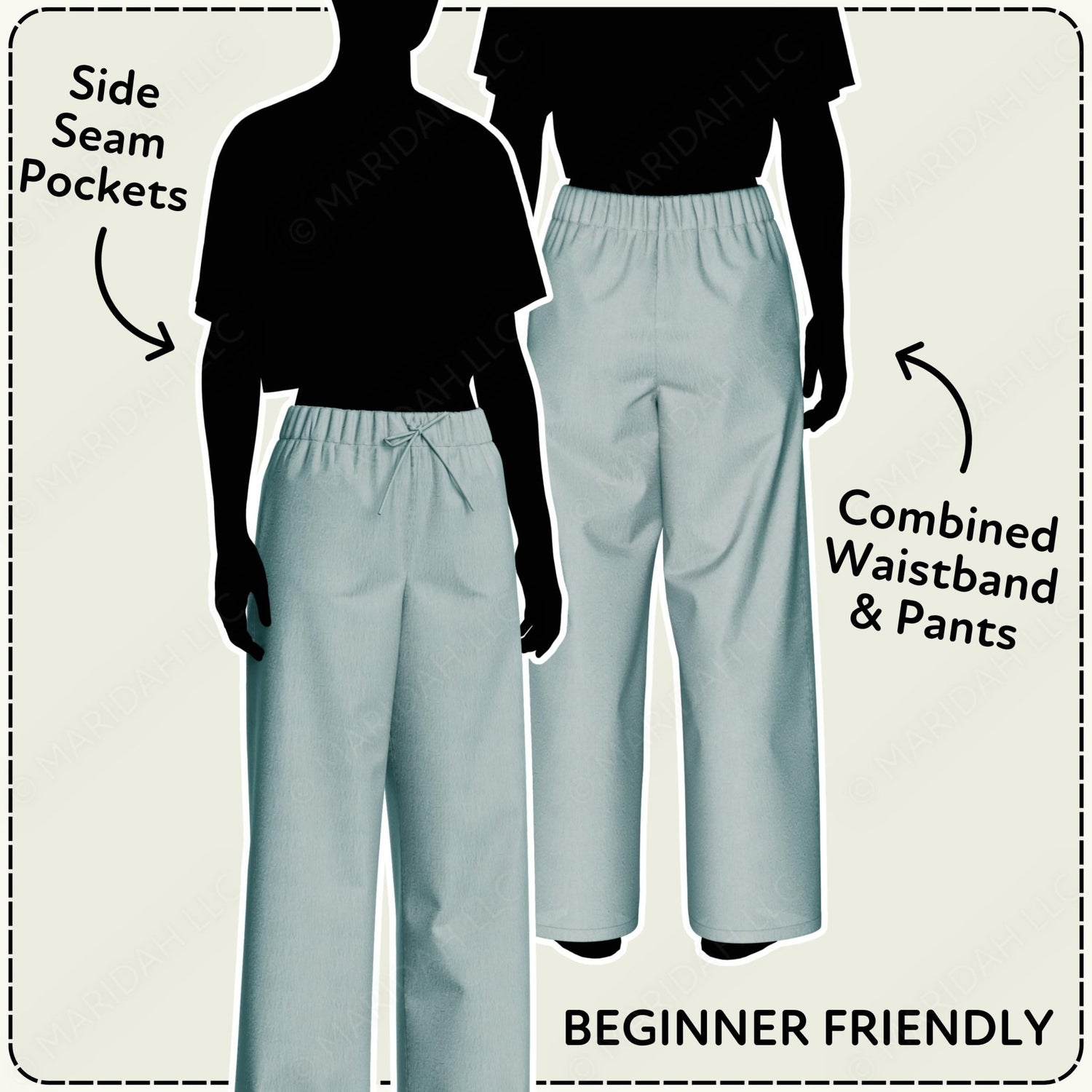 Diagram of pants with side seam pockets and combined waistband and pants design, featuring a brand logo.