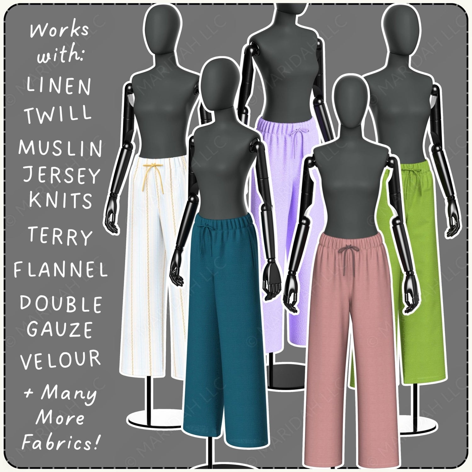 Mannequins wearing various fabrics on a gray background with text listing compatible fabrics.